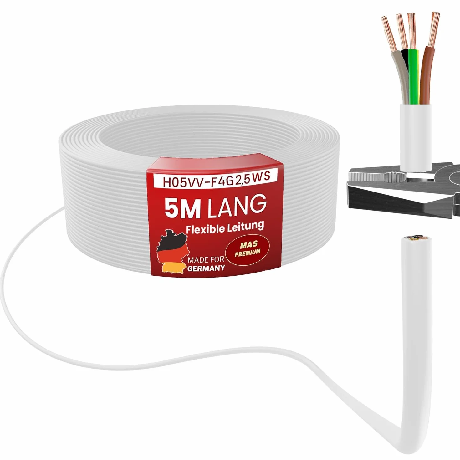 MAS Premium De 5 a 100m Tubo de plástico H05VV-F 2, 3, 4 o 5 x0,75; x1; x1,5 o x2,5 Cable flexible Cable de dispositivos (H05VV-F 4G2,5WS, 5m)