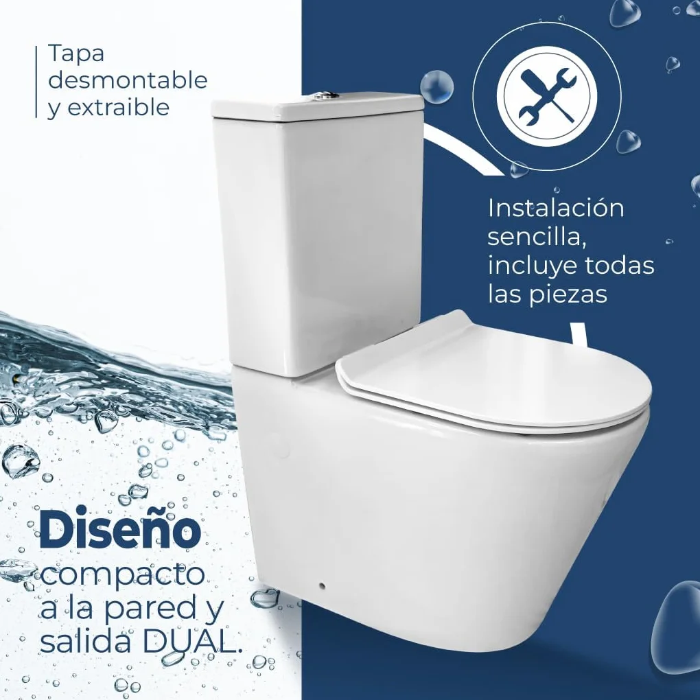Inodoro Completo - WC Inodoro Completo con Sistema Rimless Antibacterias - Vater Baño con Tapa UF Termodurente Amortiguada - Inodoro Salida Dual Eficiente con Ahorro de Agua (Venecia)
