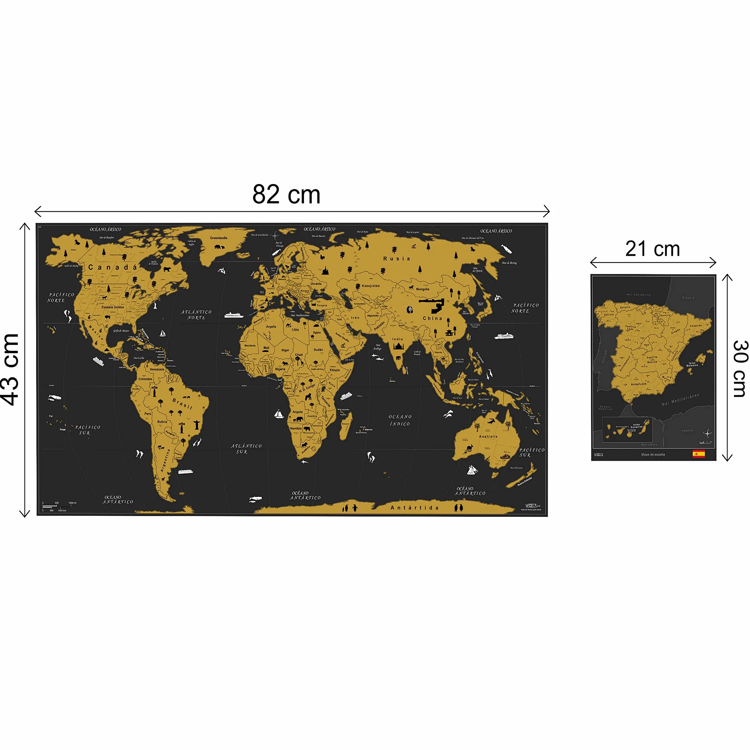WIDETA Mapa del mundo a rascar en español 82 x 43 cm Póster gran formato con Mapa de España adhesivos y herramienta de rascado