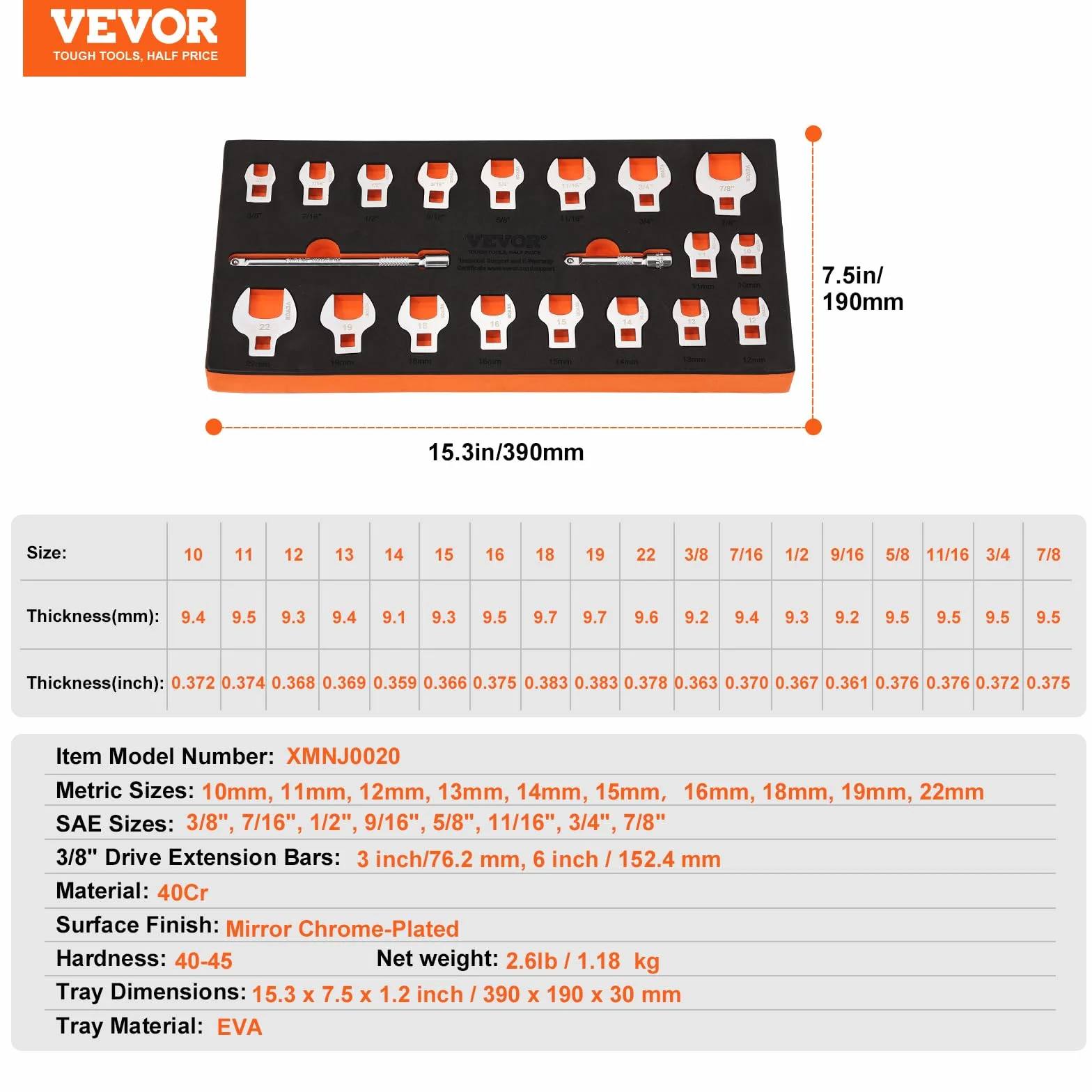 VEVOR Juego de llaves de pie de cuervo, 20 piezas, accionamiento de 3/8", métrico 10-22 mm SAE 3/8-7/8", llave de palanca de acero 40Cr, 2 barras de extensión para reparación de llaves dinamométricas