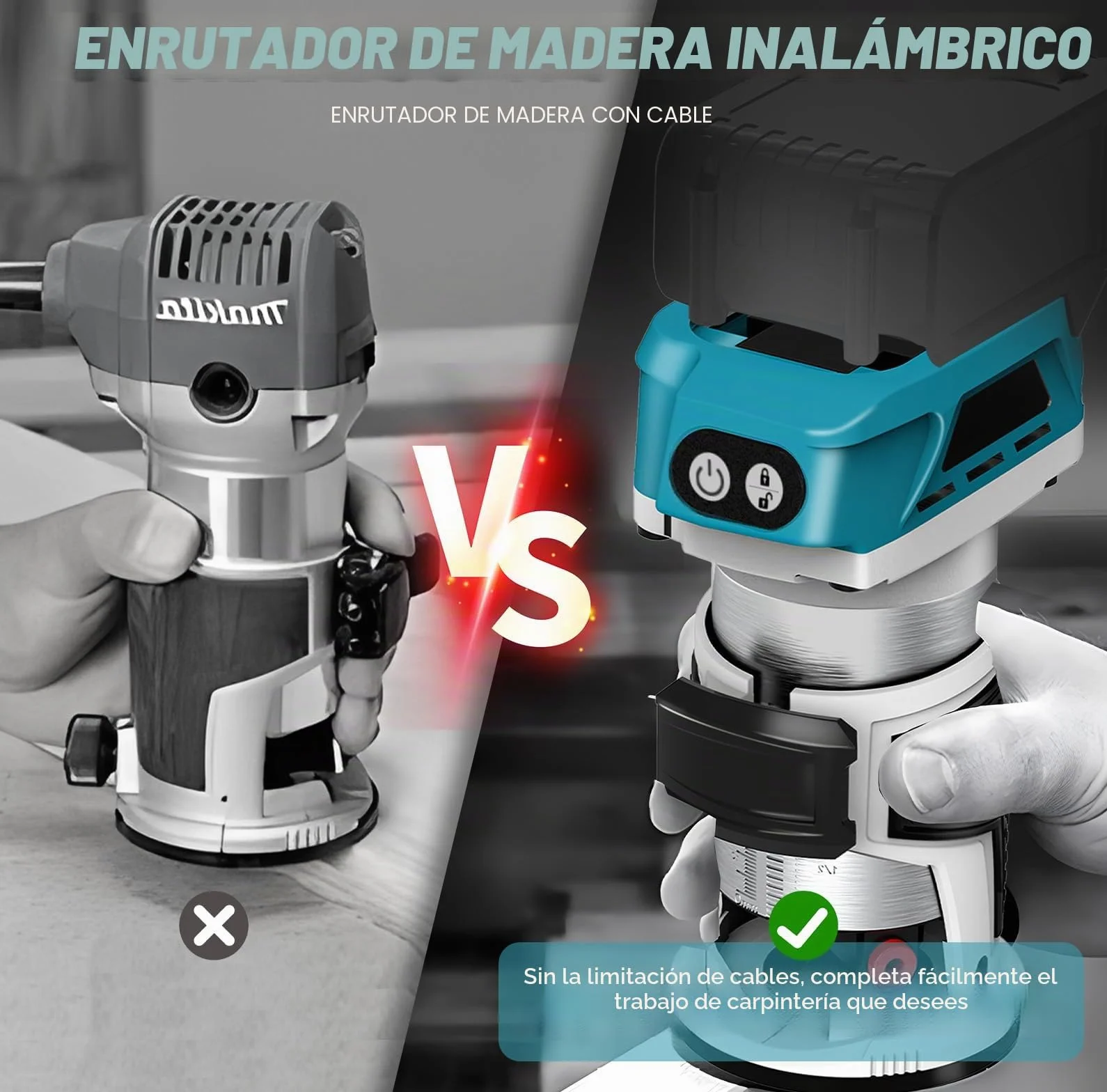 Router inalámbrico compatible con batería Makita 18 V (sin bateríe), recortadora de madera 800 W 6 velocidades, guía recta, rueda guía, 15 brocas fresado, conducto de polvo