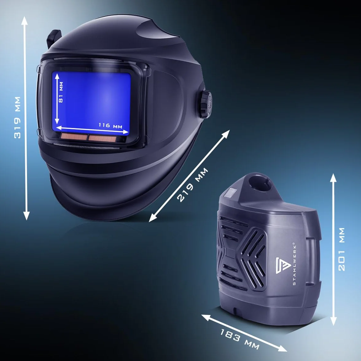 STAHLWERK Master Air - Casco de soldadura automático 3 en 1 con entrada de aire fresco, control de función por Bluetooth, reproducción de color verdadero, oscurecimiento DIN 4 a DIN 14, clase óptica 1