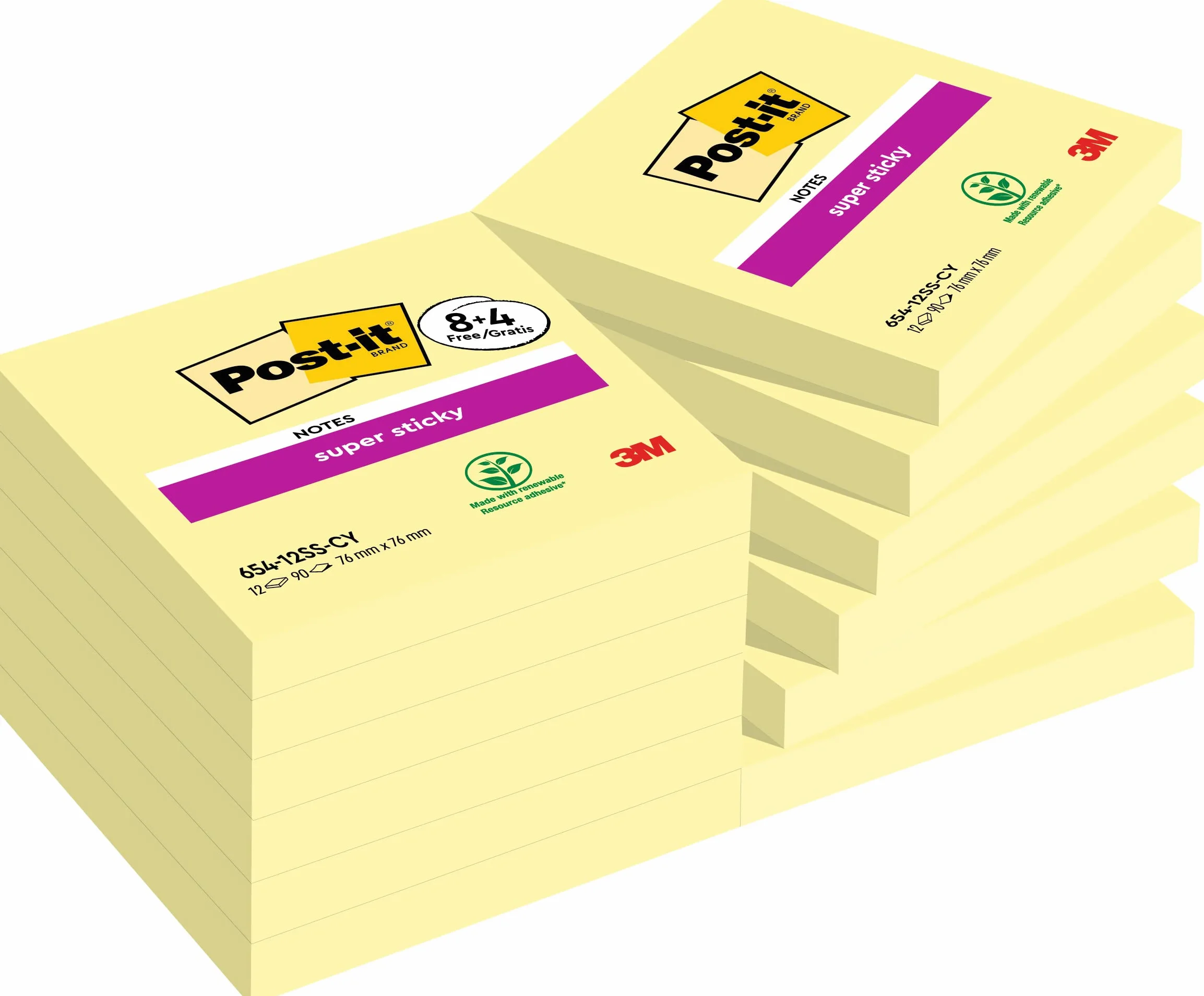 Post-it Super Sticky Canary Yellow Notas, 8 Blocs + 4 Gratis, 90 Hojas, 76 mm x 76 mm