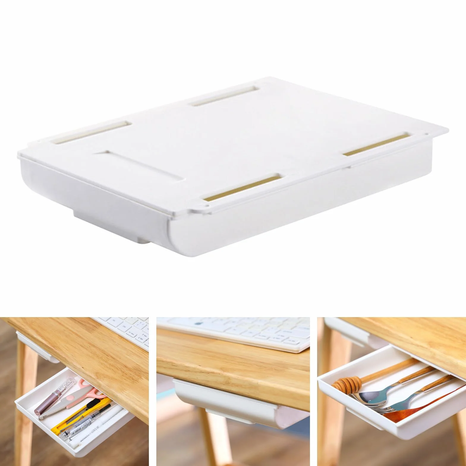 Cajón Debajo Del Escritorio Organizador Autoadhesivo Extensible Almacenamiento Mini Blanco 25.5×20×4.2cm