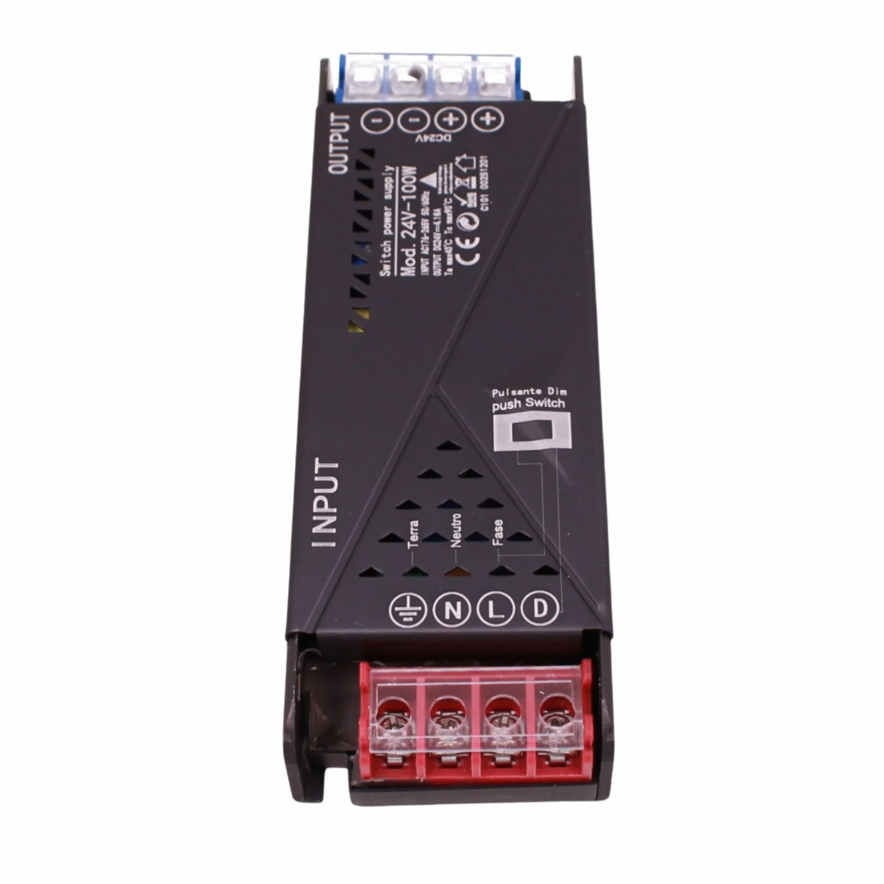 Transformador Tira Led 24v Regulable 100W, dimmerizable con pulsador NO (10-100%), memoria tras apagón y apagado progresivo, 2 salidas para tiras LED, Push Dimmer integrado
