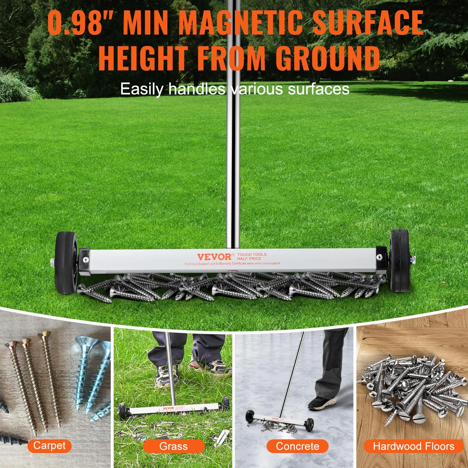 VEVOR Barredora Magnética de 44,5 cm con Ruedas y Mango Ajustable Capacidad de 4,5 kg, Mini Barredora Liviana Magnética para Recoger Clavos y Tornillos Fácil Limpieza del Taller, Garaje, Patio