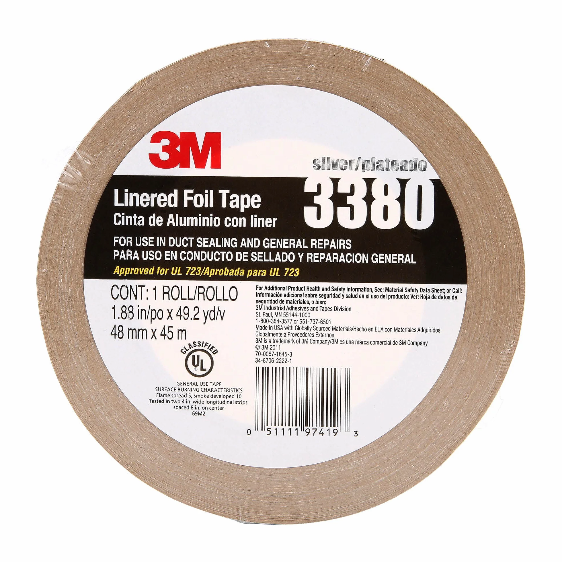 3M 3380 - Cinta de aluminio forrada (varios tamaños), color plateado, 48 mm x 45 m, 1