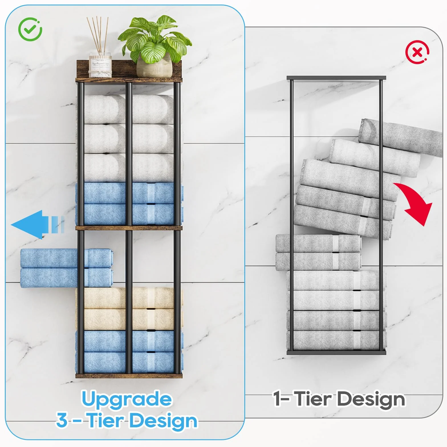 Soporte para Toallas de Pared con Estante de Madera - Organizador de Baño con 3 Barras, Gran Capacidad y Fácil Instalación - Ideal para Toallas Enrolladas - Marrón