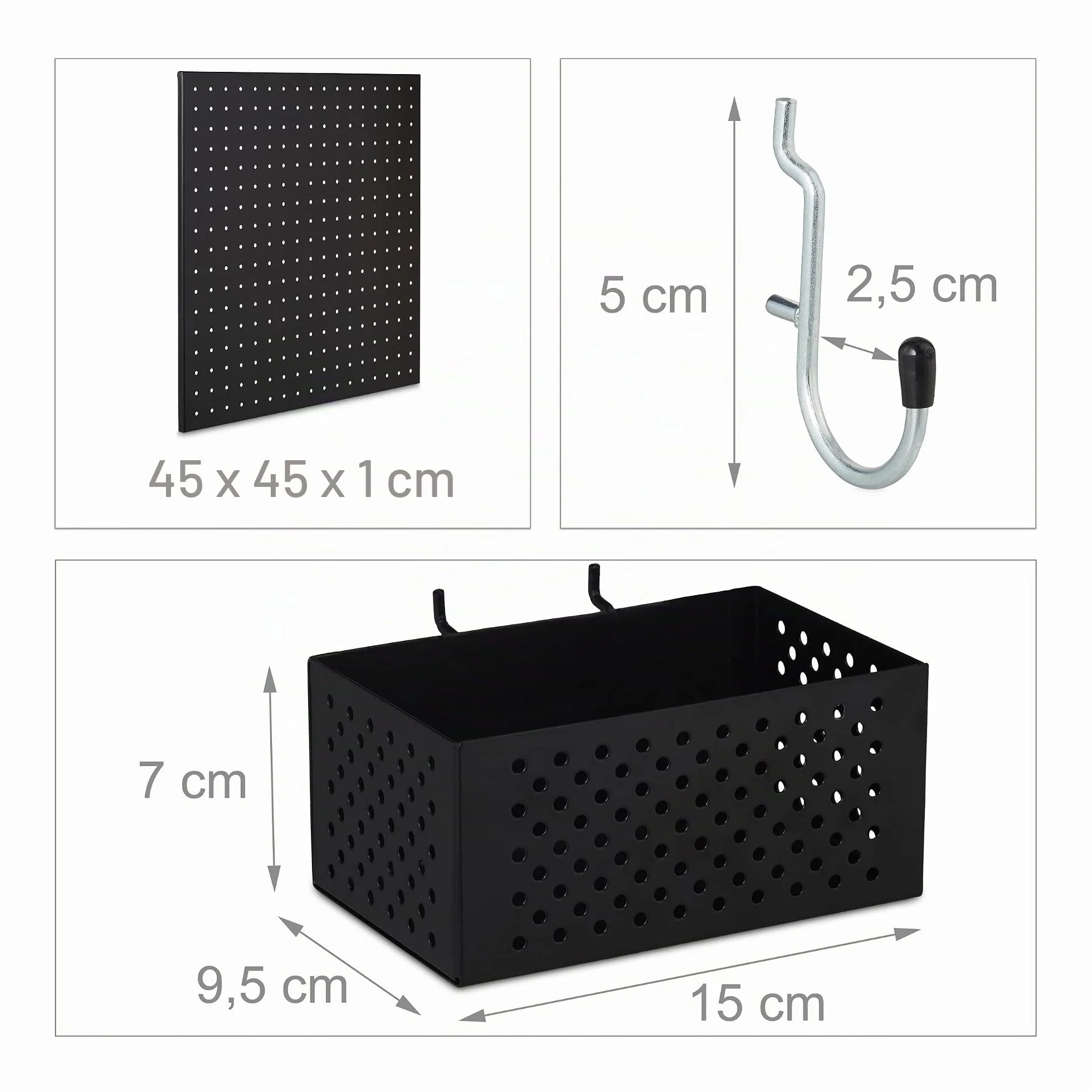Relaxdays Panel Perforado para Herramientas, Metal, 45 x 45 cm, Tablero Pared Taller 9 Piezas, Portaherramientas, Negro