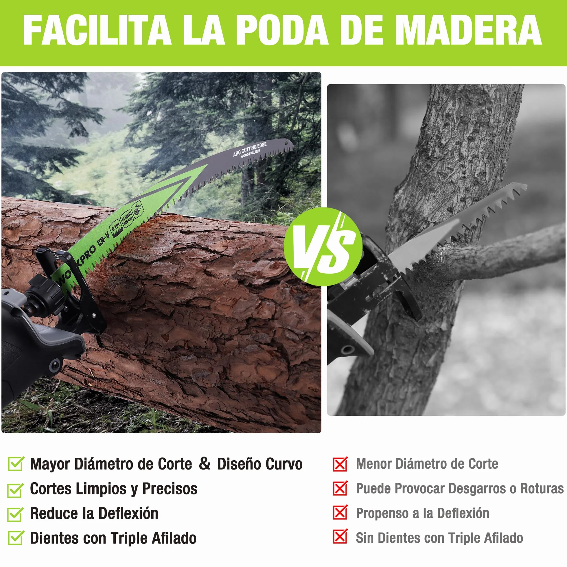 WORKPRO 5 Piezas Hojas de Sierra de Sable Cr-V 38cm 6TPI para Poda de Madera