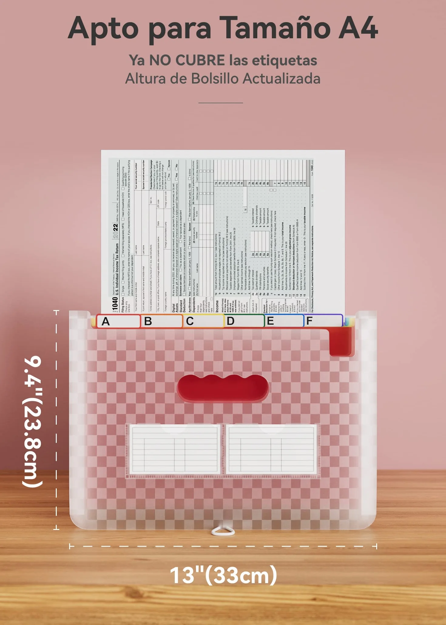 Carpeta Clasificadora de Acordeon A4 26 Bolsillos Plastico Archivador con Patron de Cuadricula Organizador Papeles Extensible Rosado
