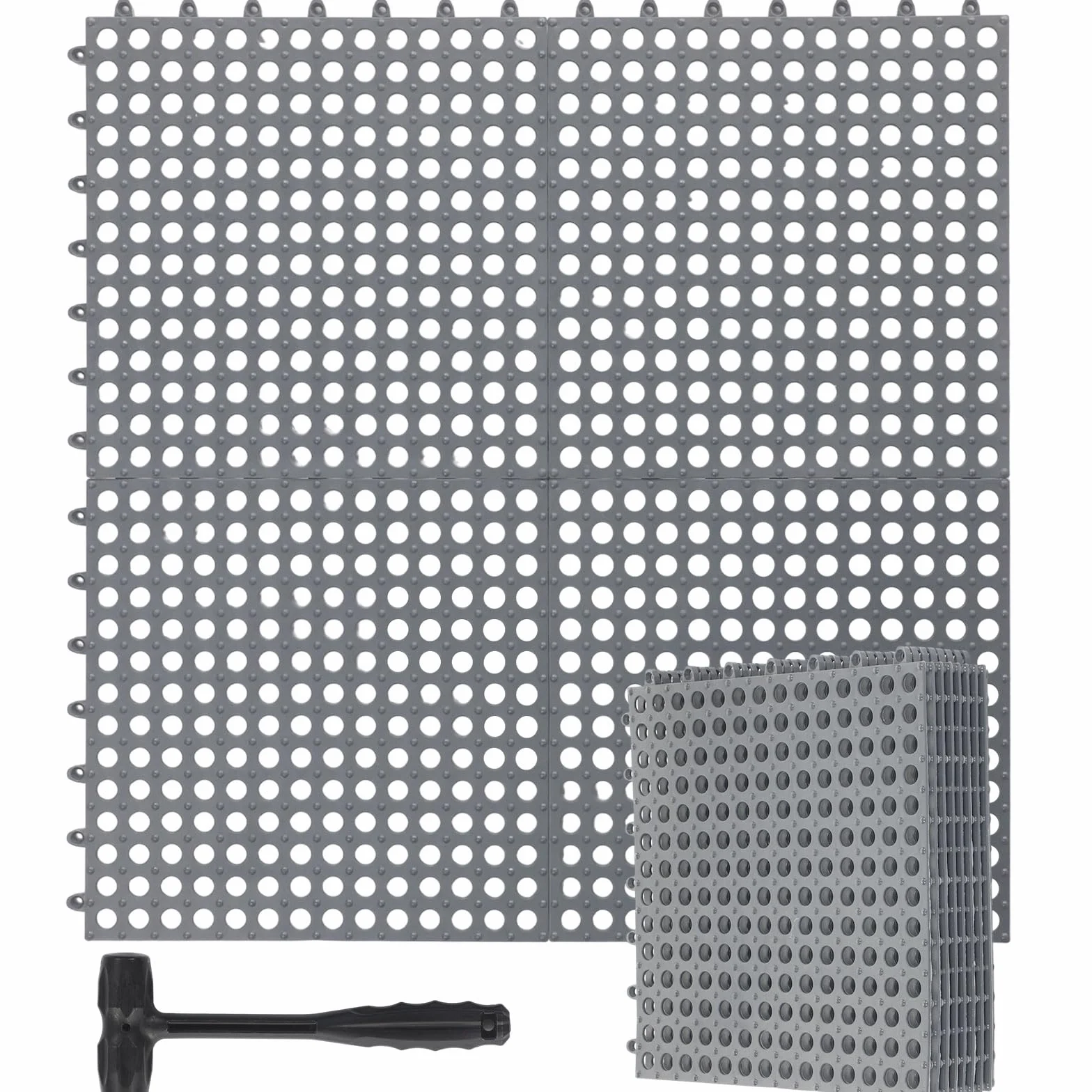 Drydiet Paquete de 8 baldosas entrelazadas con 1 martillo de plástico de 12 x 12 pulgadas, azulejos de drenaje modulares antideslizantes para piscina, baño, cubierta, cocina, patio, balcón, garaje