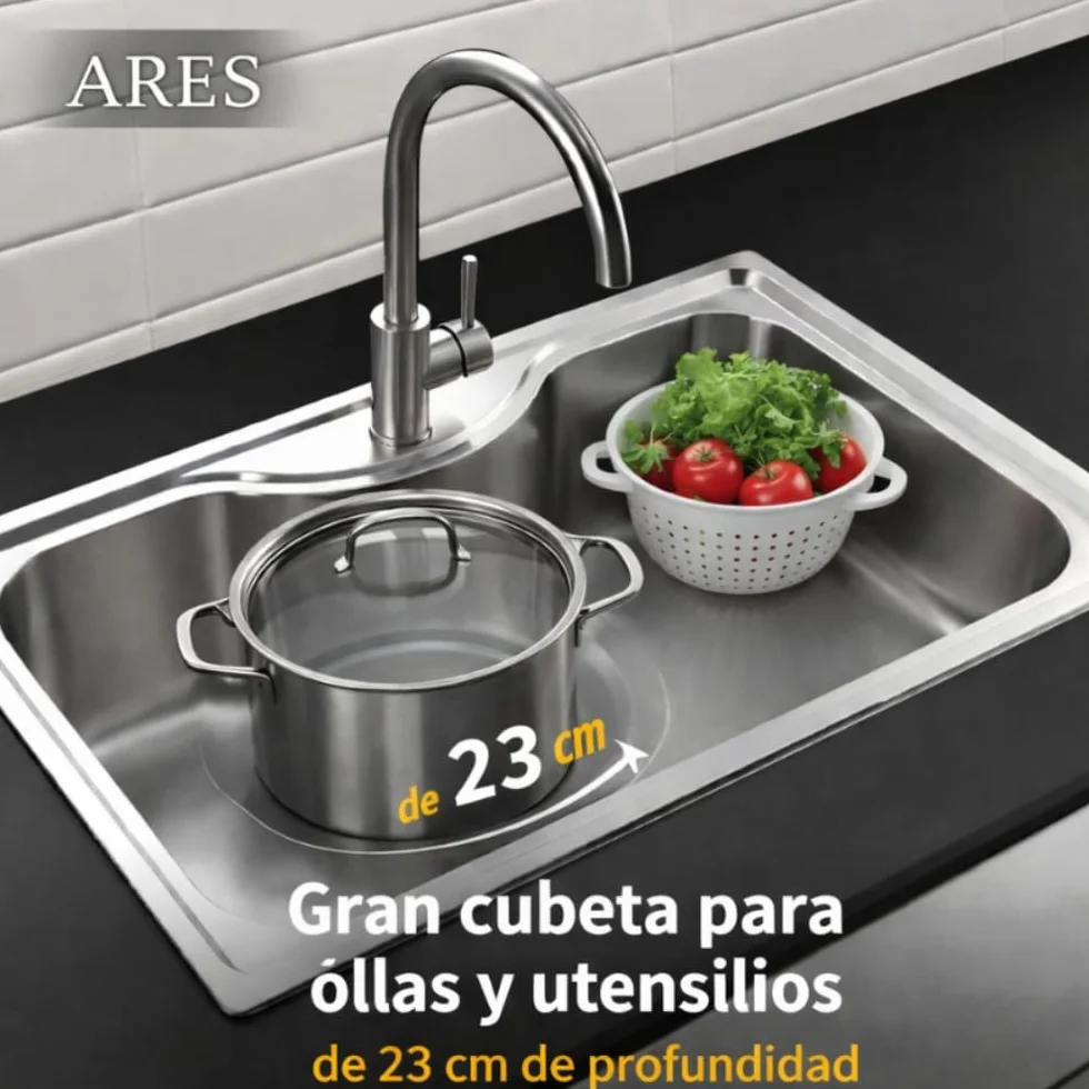 Ares Fregadero Cocina Acero Inoxidable AISI 304 80x49 cm - 1 Seno - Sobre Encimera - Resistente y Fácil Limpieza - Gran Cubeta 23 cm de Profundidad