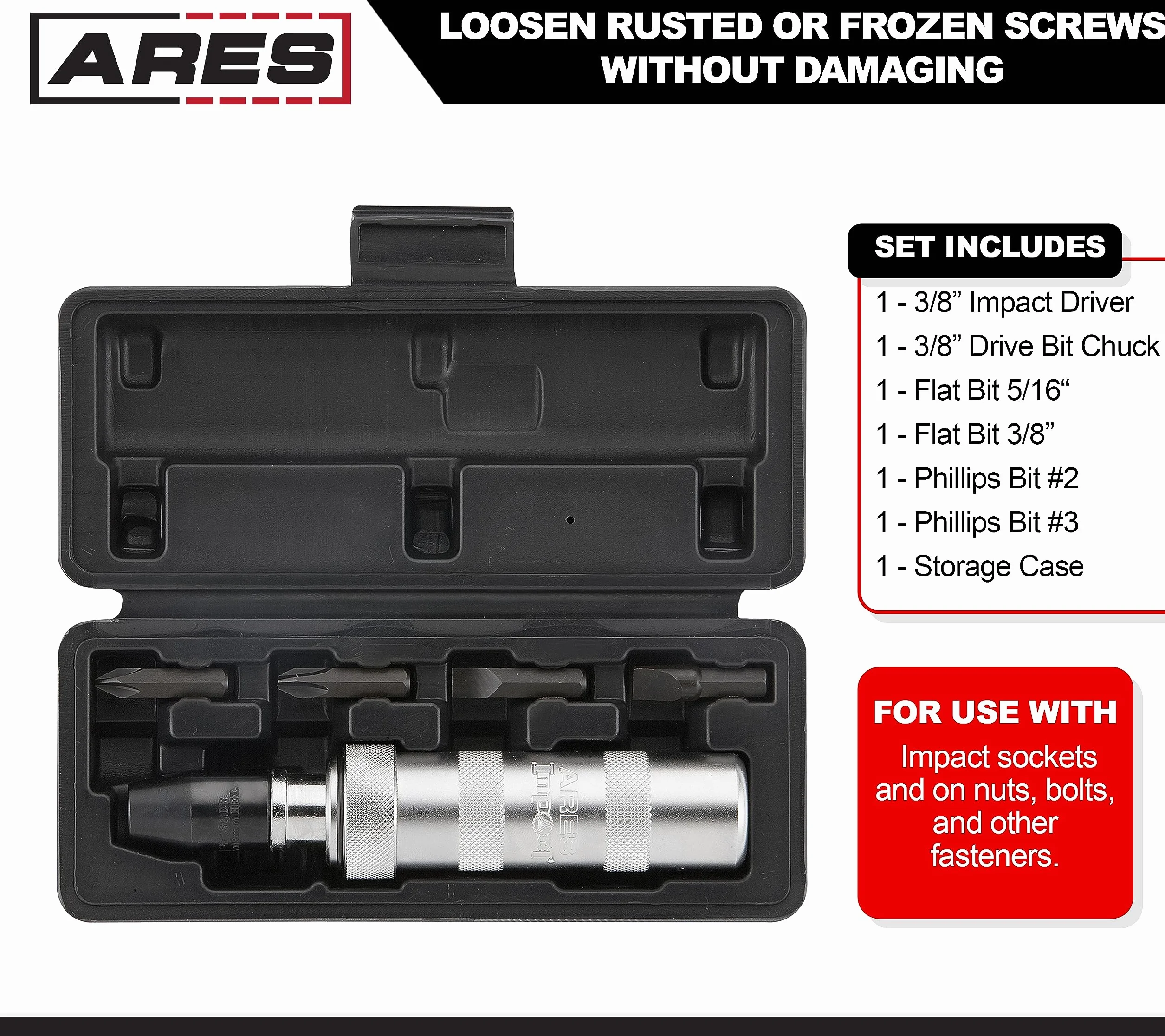 ARES 70006 | Destornillador de impacto reversible manual de 3/8 pulgadas | Cabezal plano 5/16 pulgadas, 3/8 pulgadas y Phillips #2, 3 brocas para aplicaciones más comunes | desenganchar cierres oxidados o pernos congelados