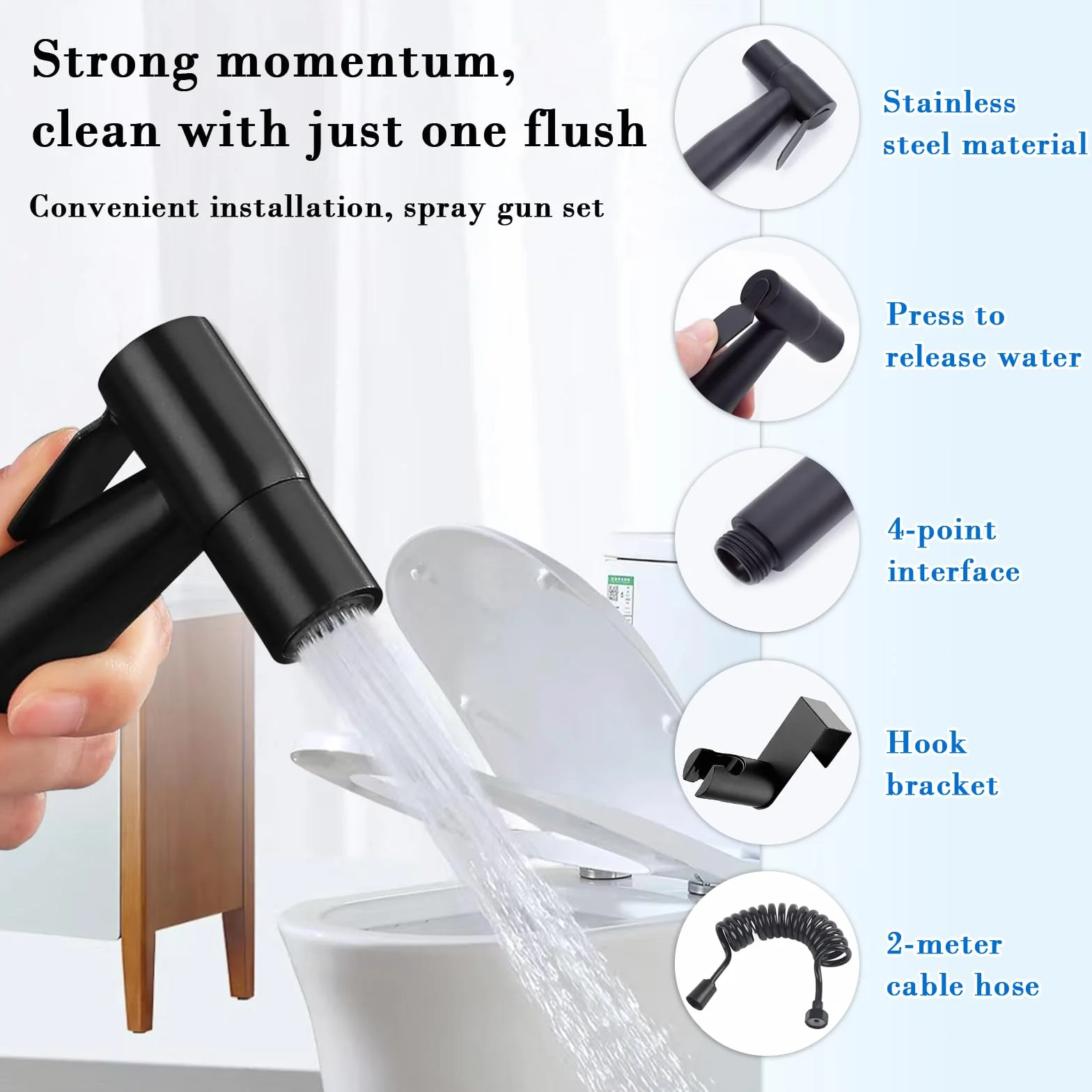 Grifo de Bidet con Manguera 2m, Cabezal de Ducha WC, Kit de Rociador de Mano de Acero Inoxidable Negro