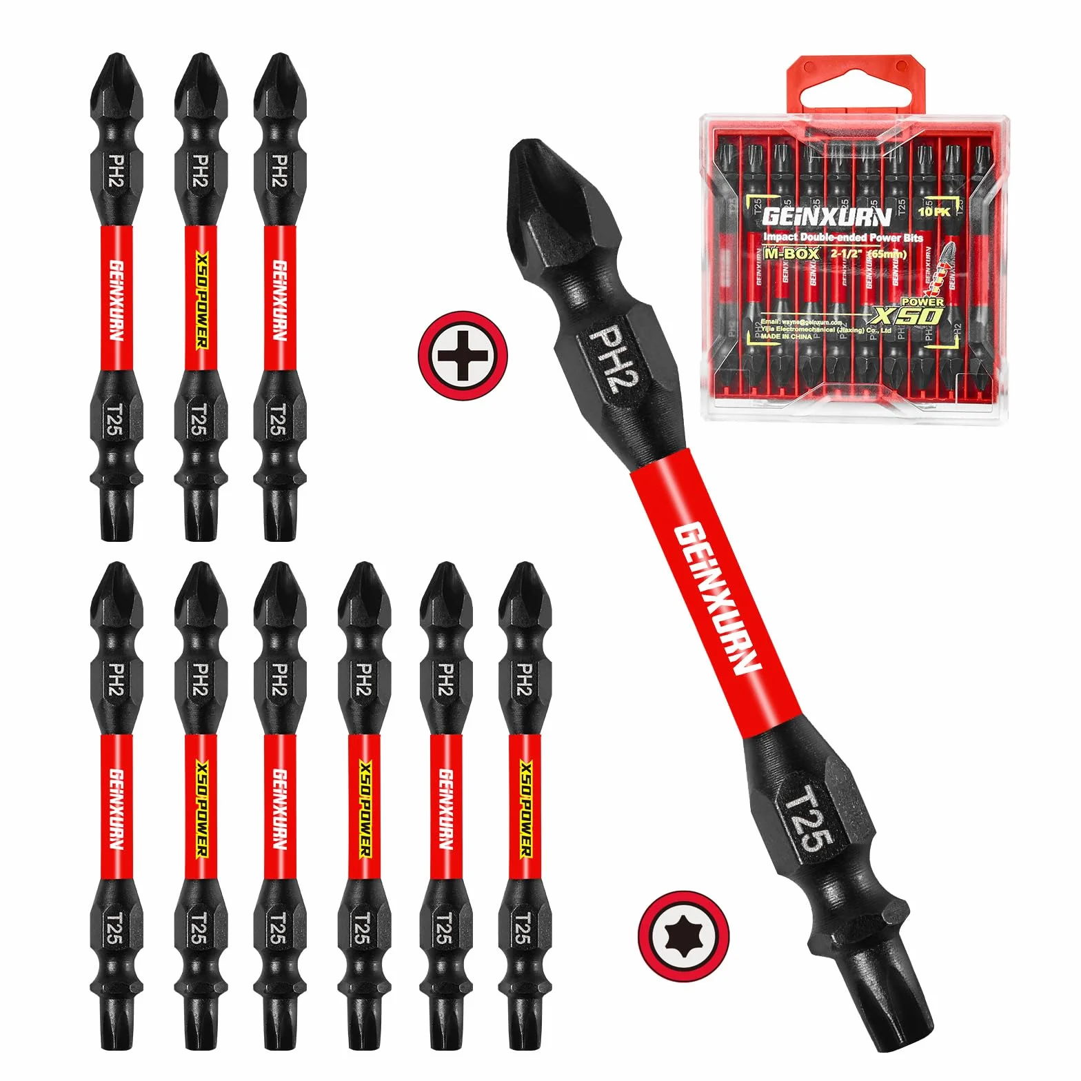 Geinxurn Juego de 10 puntas de destornillador de doble extremo PH2-T25 de 2.56 pulgadas. Brocas de destornillador de potencia Torx #2 Phillips/#25, juego de puntas de destornillador magnéticas de