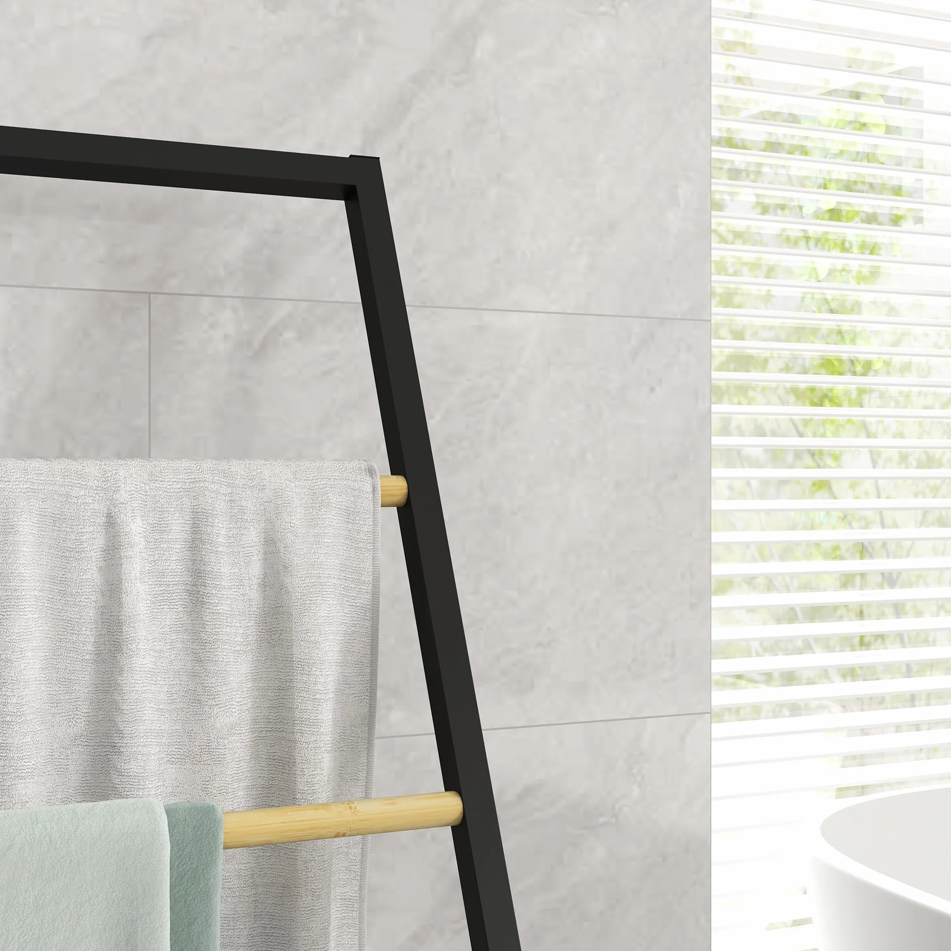 HOMCOM Toallero de Pie Toallero para Baño con 4 Barras de Bambú y Acero para Lavadero 40,5x28x98 cm Negro y Natural
