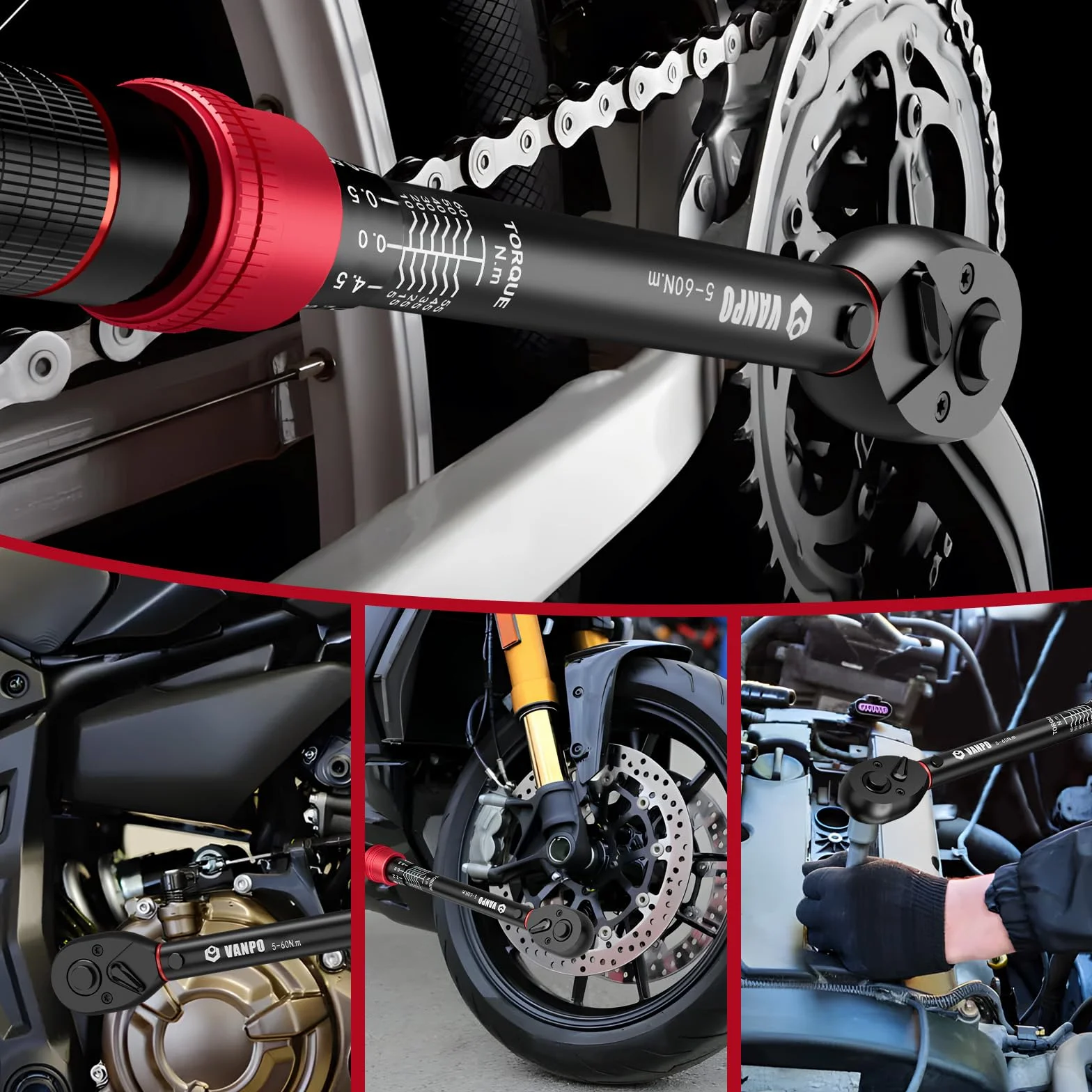 VANPO 3/8" Llave Dinamométrica 5-60Nm, 72 Dientes Bicicleta y Moto Llave Dinamométrica Set 3 Piezas con Barra de Extensión de 125cm, 3/8"-1/4" Adaptador, para Reemplazo de Bujía