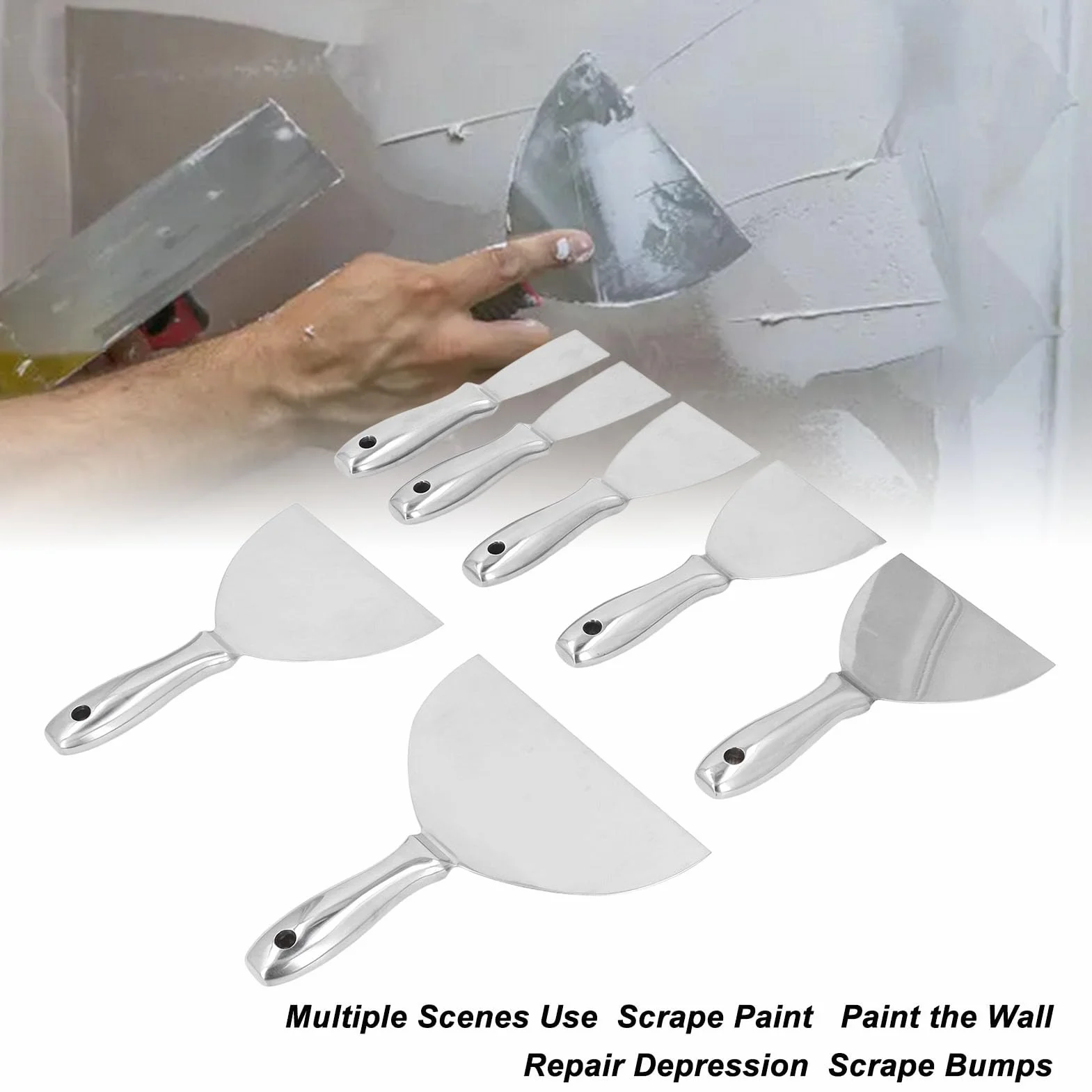 Cryfokt Juego de Espátulas de Masilla de Acero Inoxidable, 7 Piezas, para Reparaciones de Paneles de Yeso y Eliminación de Papel Tapiz, Perfecto para Mejoras en el Hogar