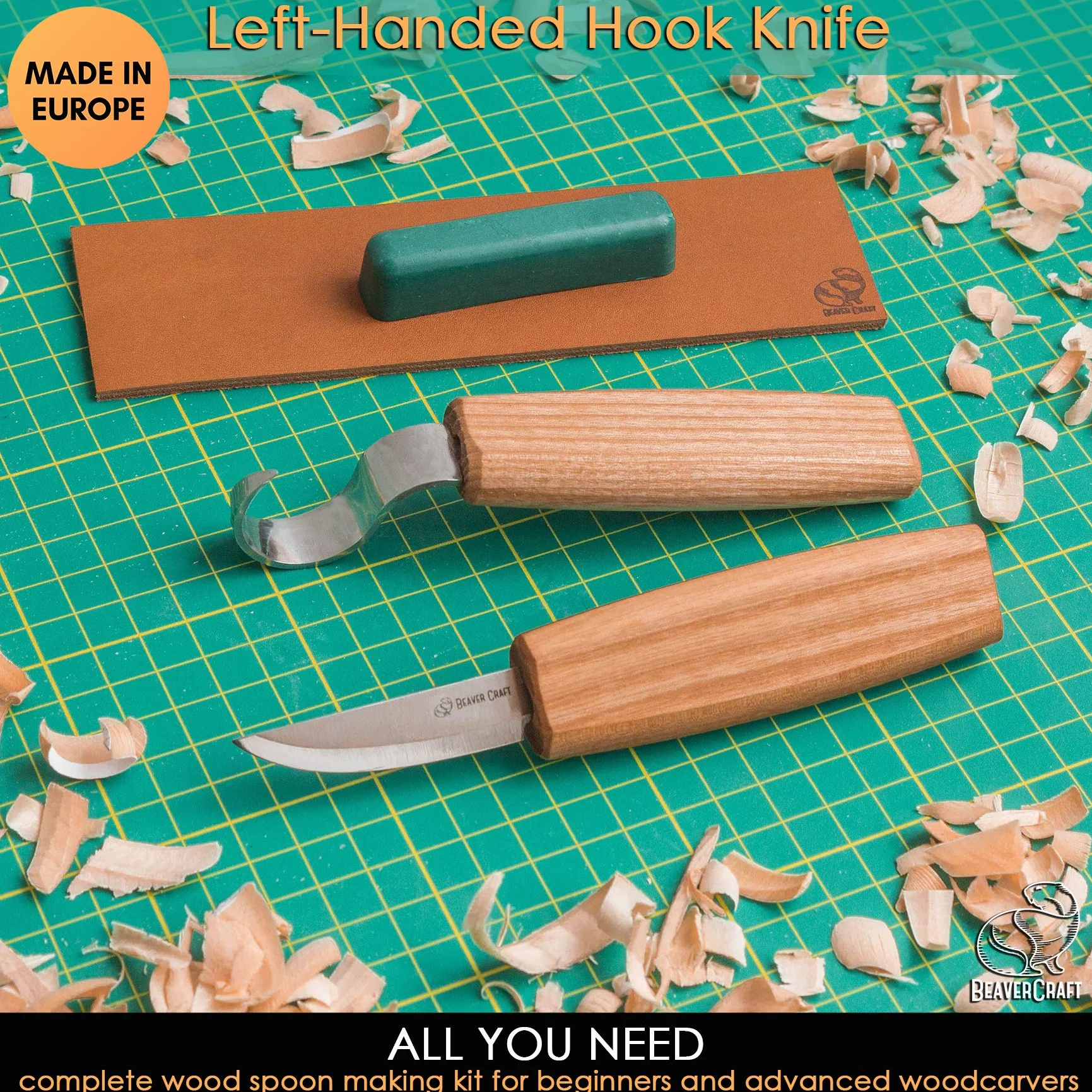 BeaverCraft, Juego de Cuchillos para Tallar Cucharas de Madera S01L Cuchillo de Gancho para Zurdos Cuencos y Tazones Kuksa para Principiantes Kit de Tallado de Madera Profesional para Zurdos