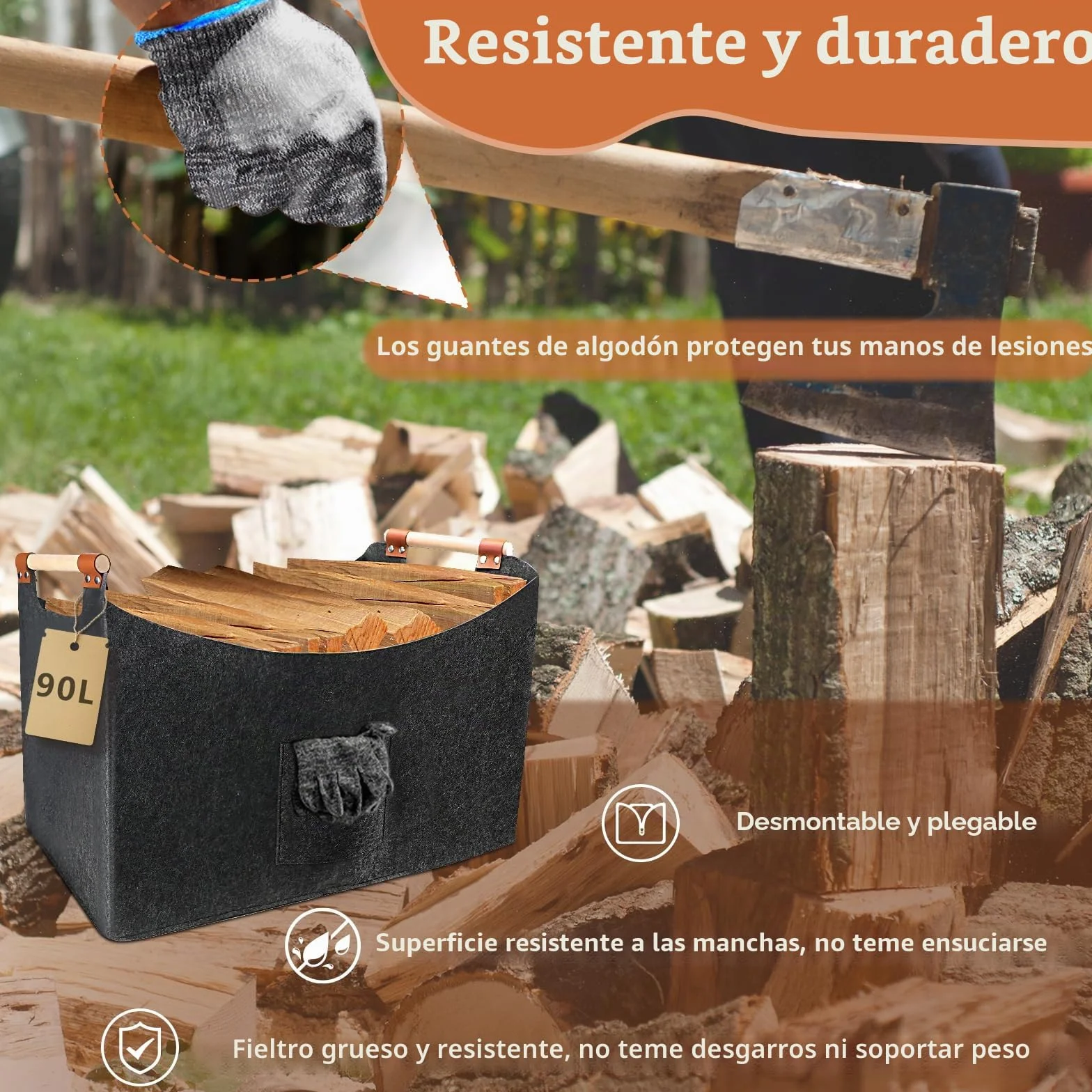 Cesta de madera para leña grande, de fieltro, XXL (96 L, 60 x 40 x 40 cm), plegable, fieltro extragrueso con mango de madera y guantes, para compras y leña, color gris oscuro (96 L)