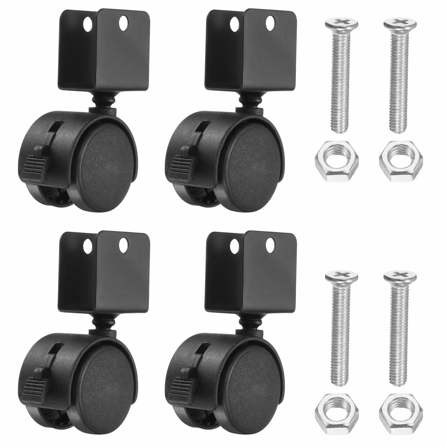 PATIKIL Rueda Giratoria De 1.5" Con Soporte En U De 0.79", Juego De 4 Ruedas Giratorias De Nylon 360° Sin Ruido Con Frenos Para Patas De Muebles Negro