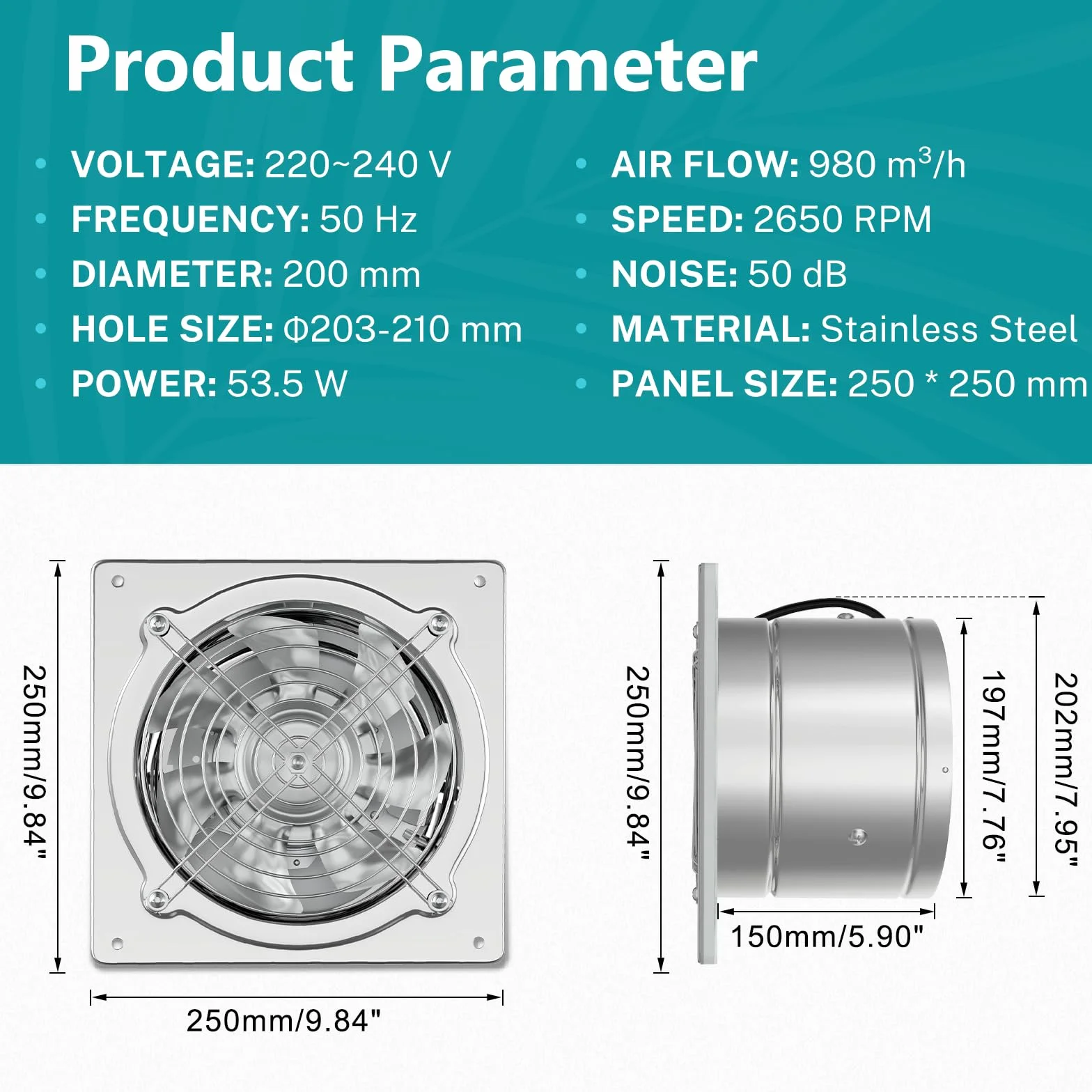 HG Power Ventilador extractor de aire de 200 mm, 980 m³/h, ventilador de pared con válvula de retorno, potente con enchufe de la UE para cocina, baño, garaje, sótano, plata