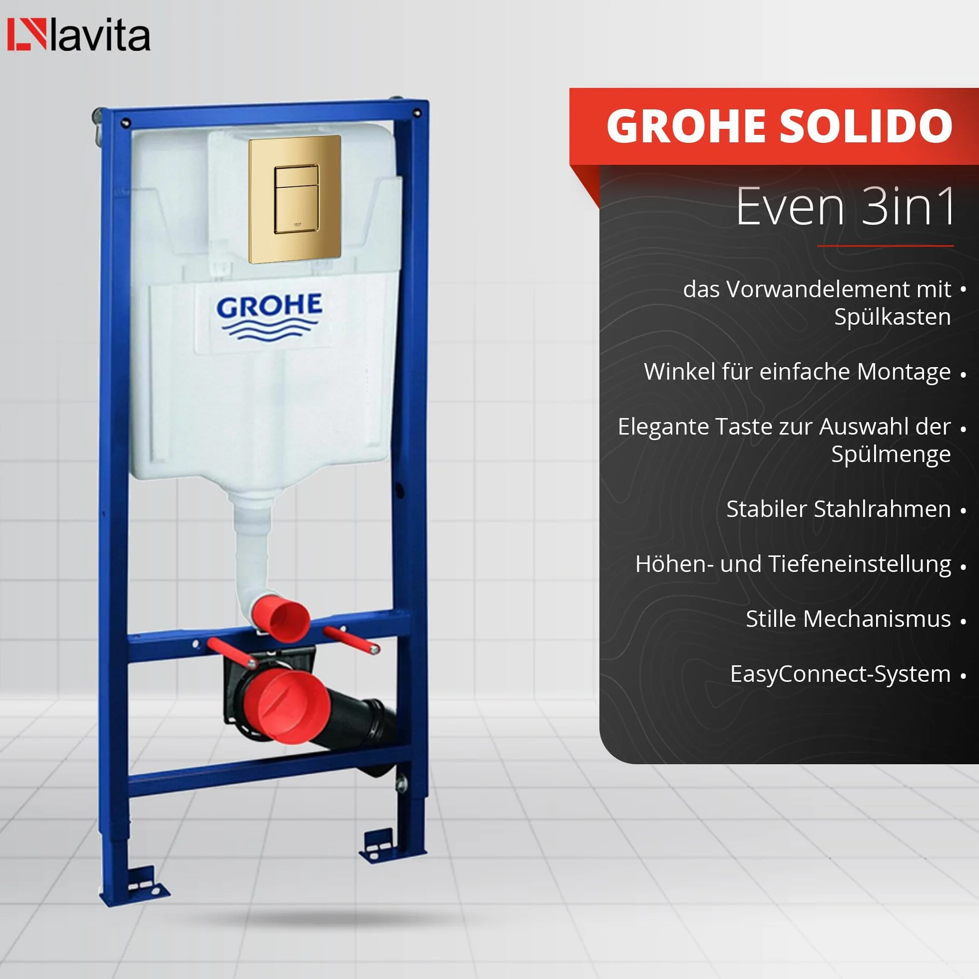 LAVITA | Elemento de pared Solido + pared colgante de inodoro Sinto negro sin borde + asiento de inodoro SoftClose | Botón dorado | Juego completo | cisterna empotrada | inodoro completo
