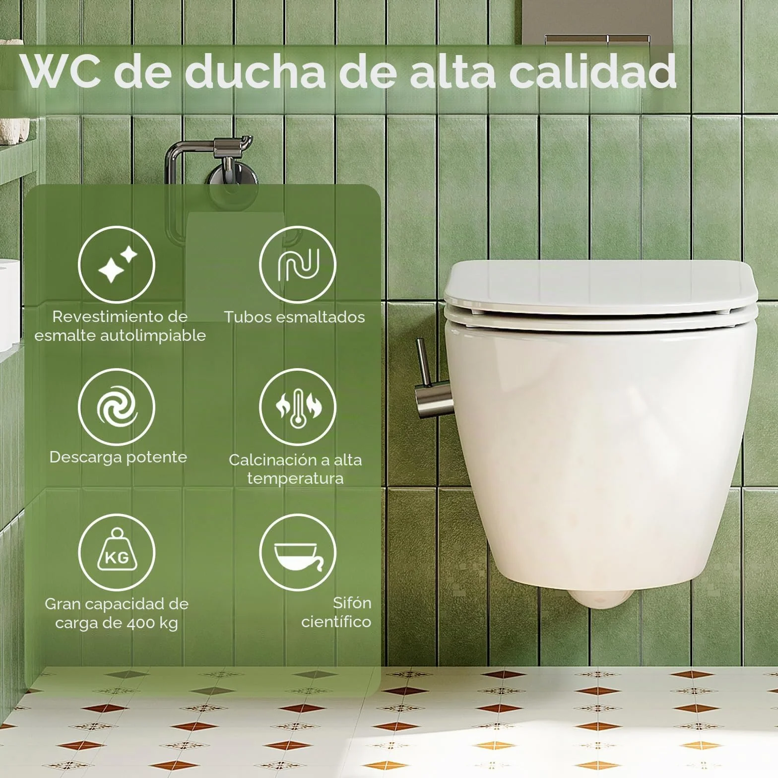 Inodoro de ducha con boquilla integrada, inodoro colgante con función de bidé, inodoro Taharet con nanorevestimiento, inodoro con ducha con grifo, asiento de inodoro con cierre automático, 53×36×35 cm