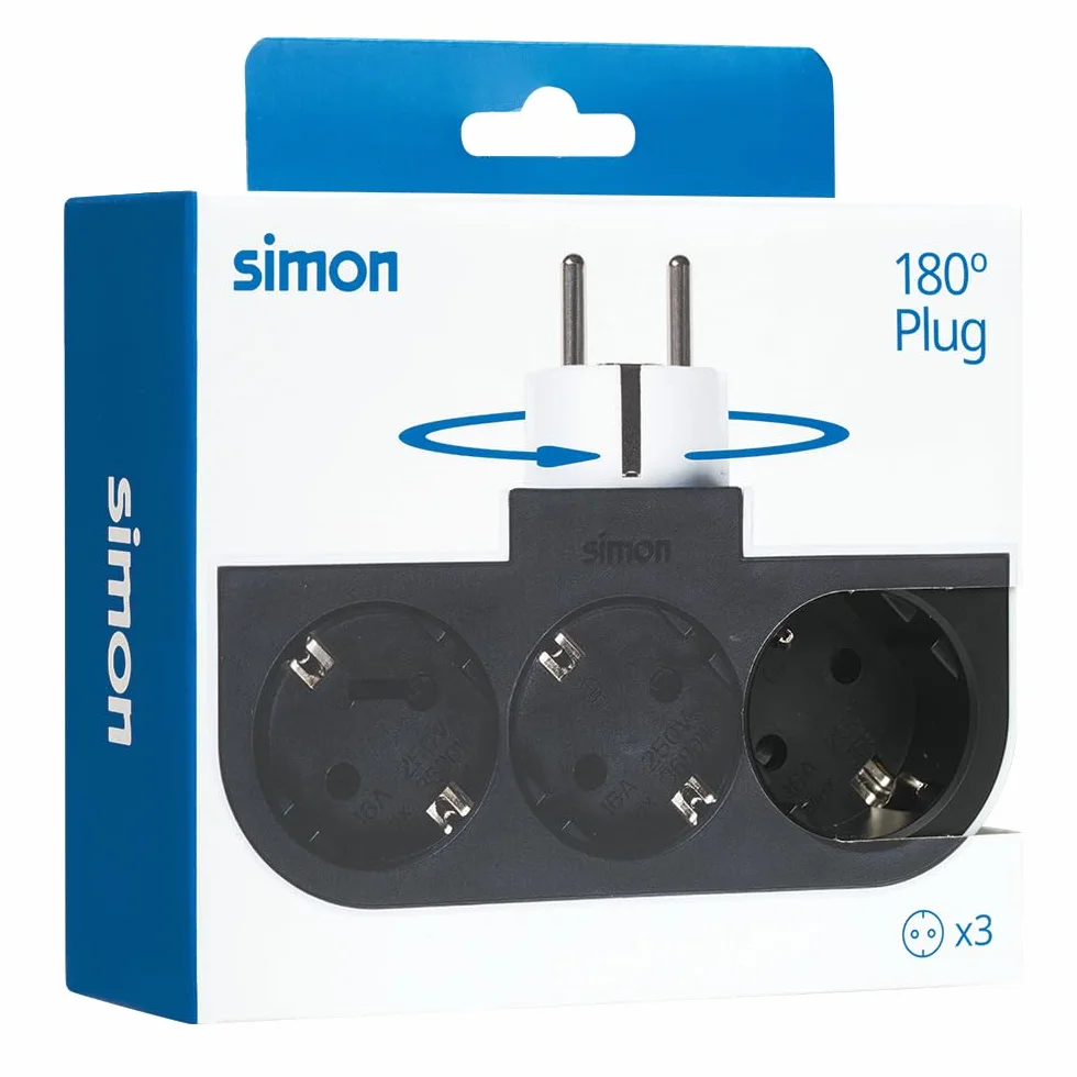 Simon – Adaptador Giratorio Plug 3 Tomas 16A (250V, 3680W), Rotación180º, Enchufe Compacto para Esquinas o Detrás de Muebles, Color Negro y Blanco