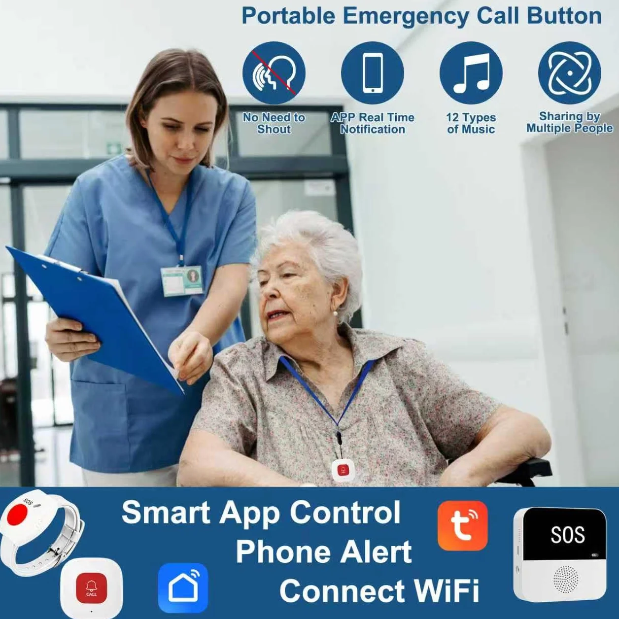 Boton Emergencia Ancianos,Avisador Personas Mayores,WIFI Boton Llamada Emergencia para Pacientes/ Ancianos/ Niños/ Mujeres embarazadas (2 botones de llamada SOS 1 receptor)