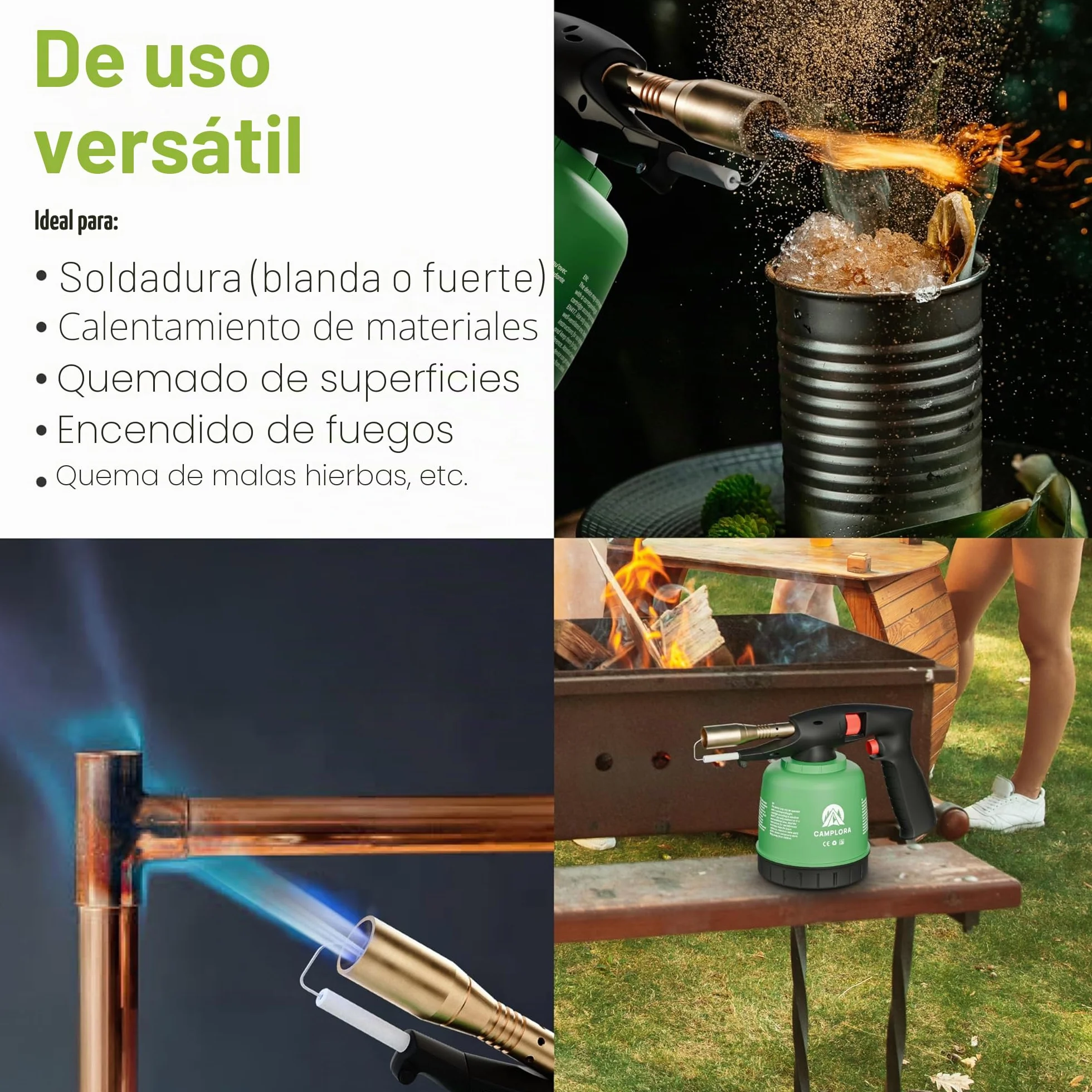 CAMPLORA Soplete Con Encendido Piezoeléctrico y 10 Cartuchos de 190g, Quemador de Gas Para Taller, Soldador Bunsenbrenner