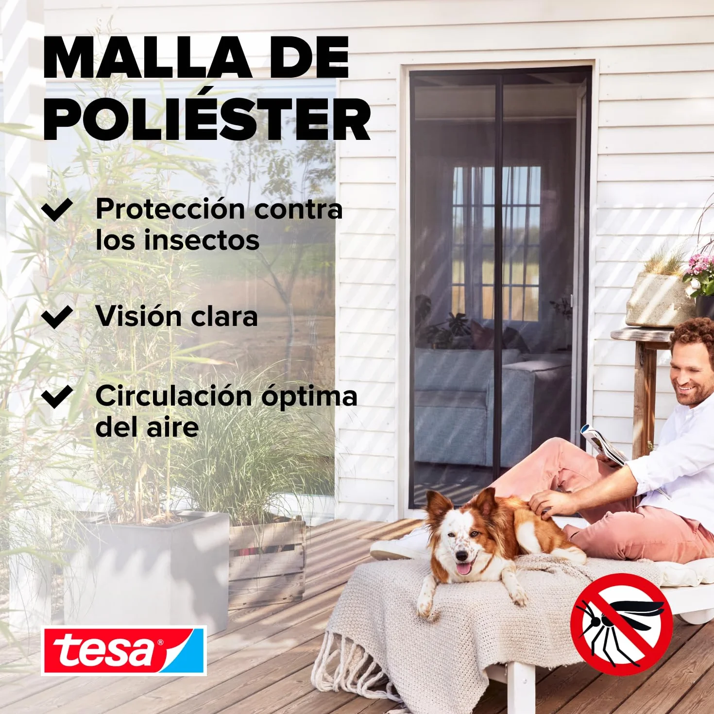 tesa Insect Stop - Cortina Mosquitera Magnética con Cierre Automático - Malla Protectora Contra Insectos para Puertas de Balcón y de Patio - Fácil Instalación sin Taladrar - 2,4 m x 1,2 m