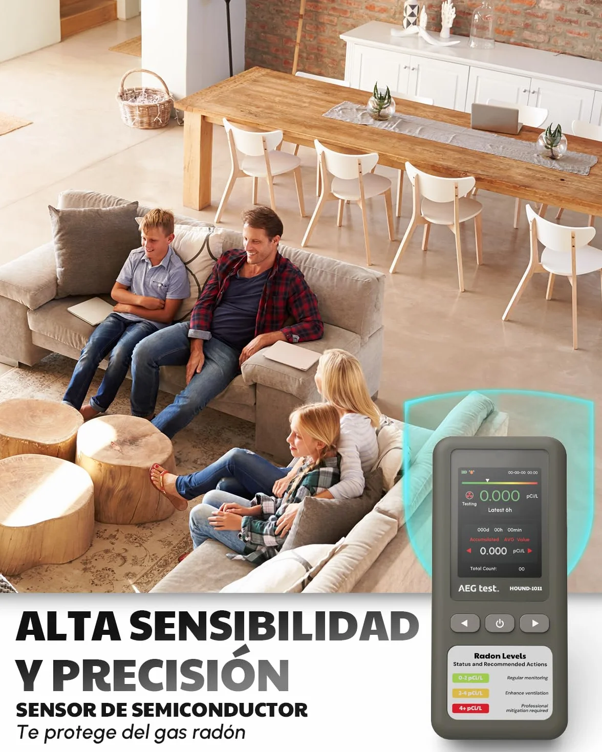 HOUND-1011 Detector de radón portátil para hogar, Ligero, Sensor de Alta precisión, 45 días, fácil de Usar, para mediciones a Corto y Largo Plazo en pCi/L o Bq/m³, para sótano – Gris