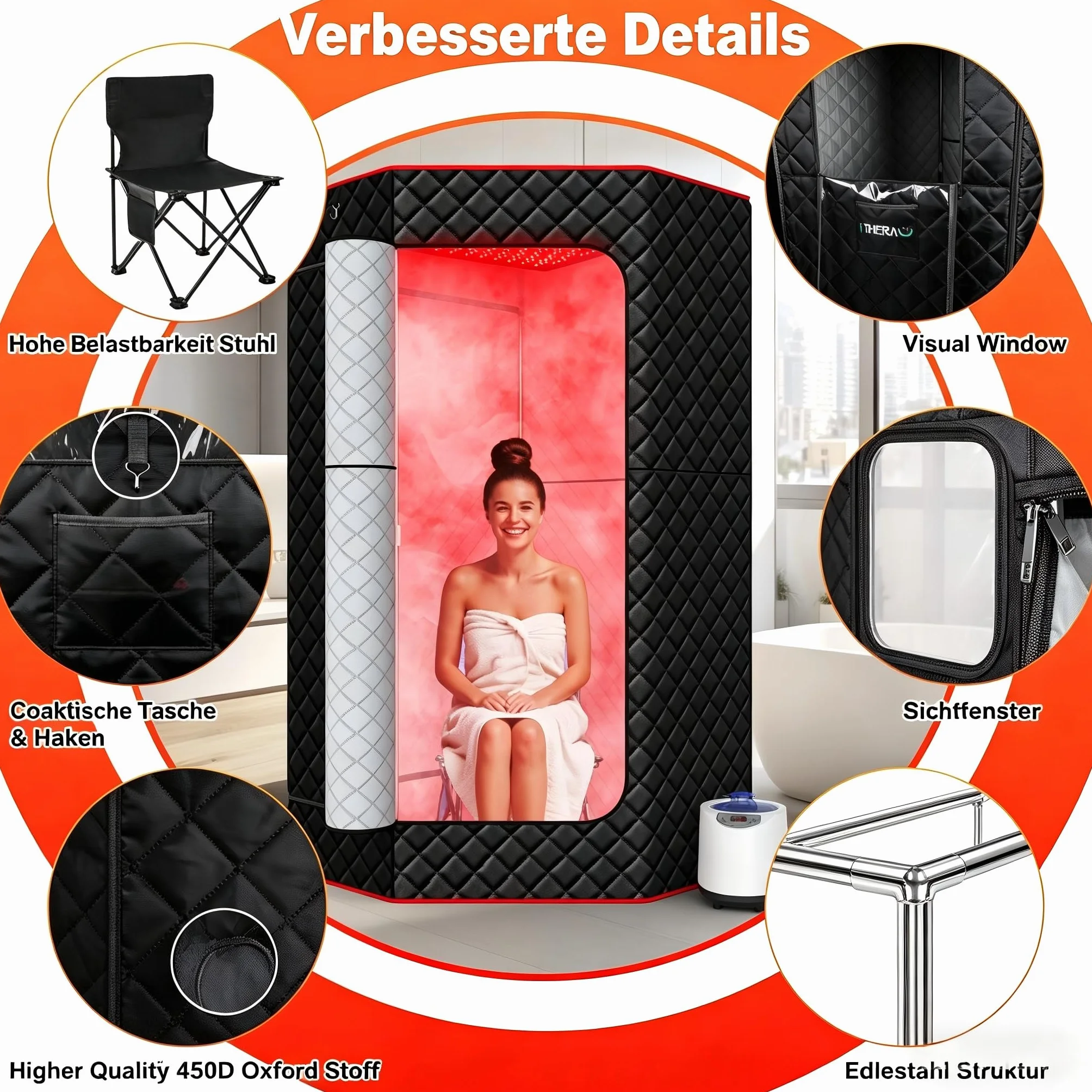 I-THERA-U Sauna de infrarrojos para el hogar - Sauna portátil de vapor de 660 y 850 nm sauna de vapor de cuerpo entero con 3L 1200 W generador de vapor baño de vapor, 15 niveles de calor, silla, mando