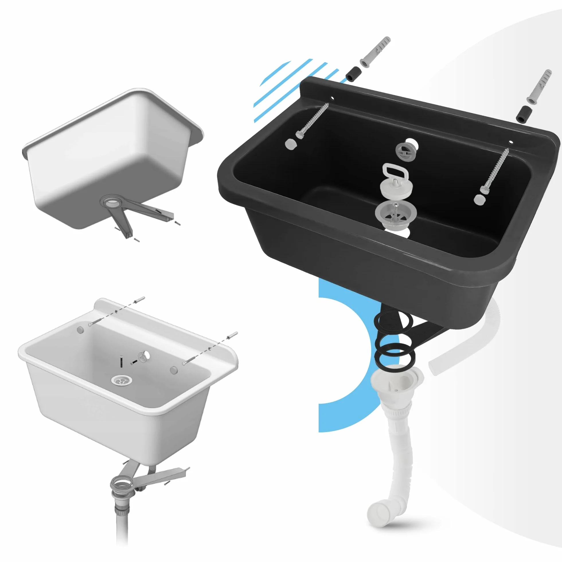 Lavabo de Cámara Fregadero Industrial Profunda Lavadero Exterior Comercial Lavamanos Jardín Garaje Lavandería Baños Fábrica 55 x 34 x 21 cm Negro