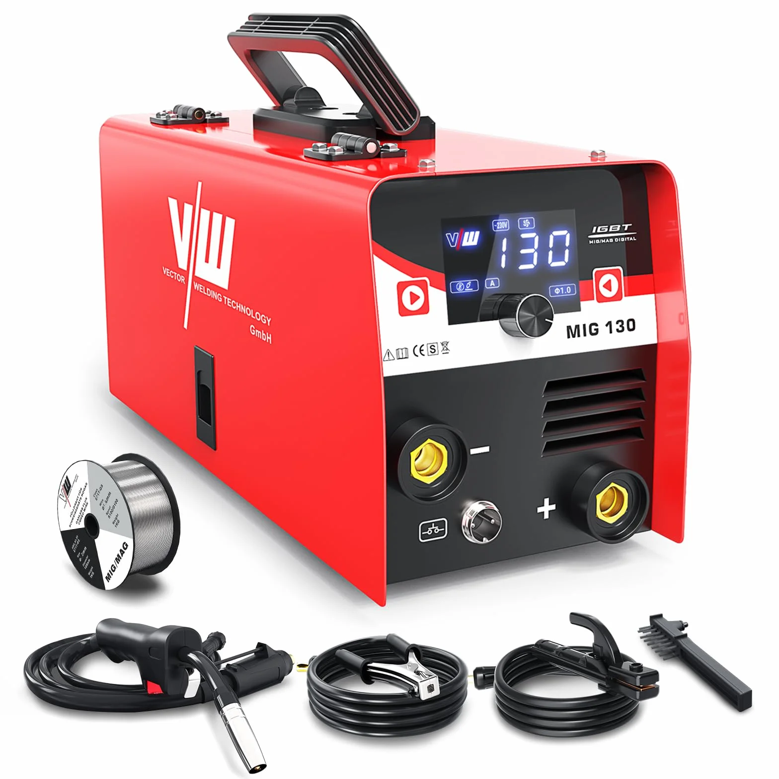 VECTOR WELDING Soldador de Hilo sin Gas 130A, Máquina de Soldar Mig sin Gas con Función de Soldadura por Electrodo, Grupo de soldar Mig Mag Portátil con Alambre, IGBT