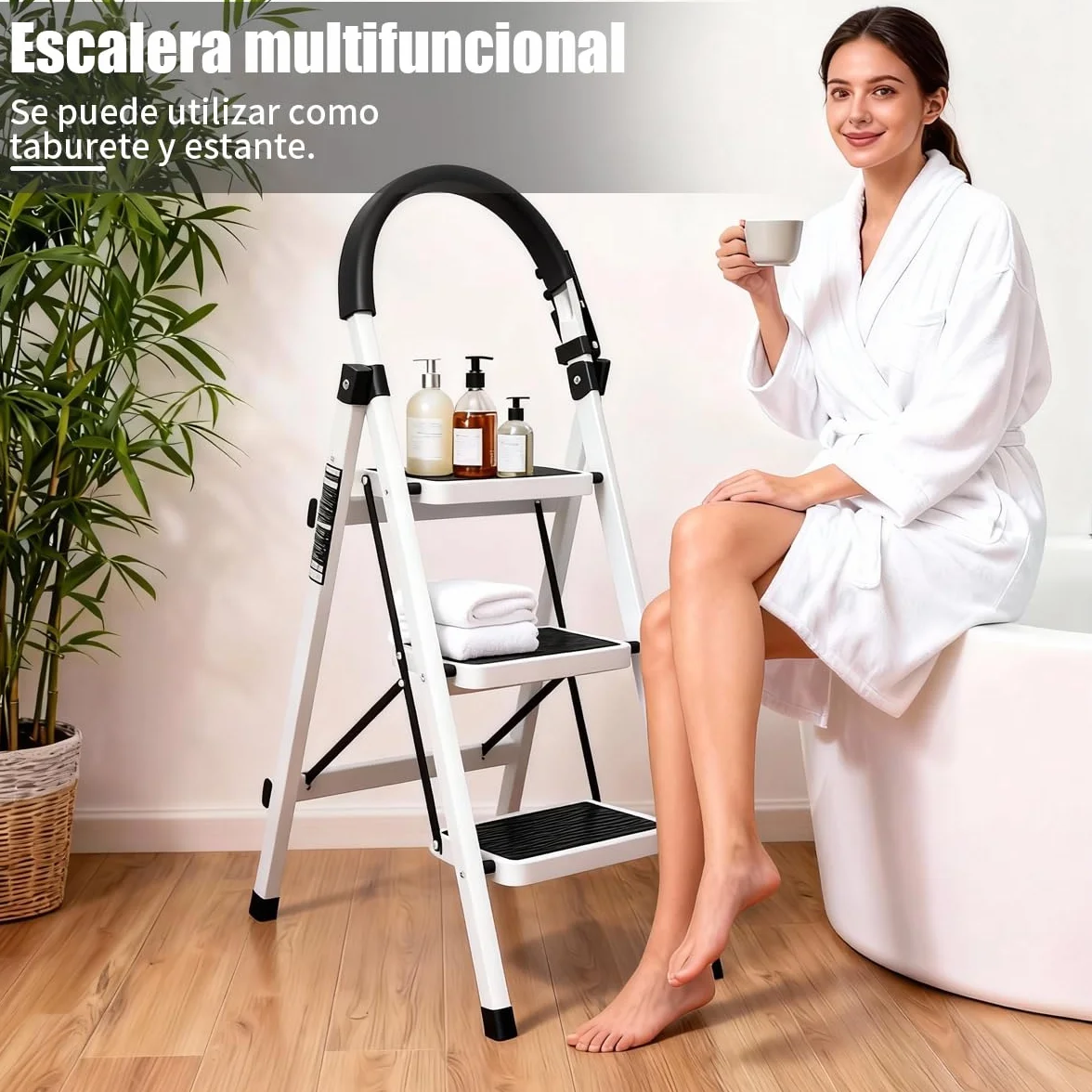 Escalera Plegable 3 peldaños con pasamanos y con Pedal Antideslizante | Taburete Multifuncional con Superficie | Escaleras Plegables Domésticas | Step Ladder para Hogar (3 escalones)