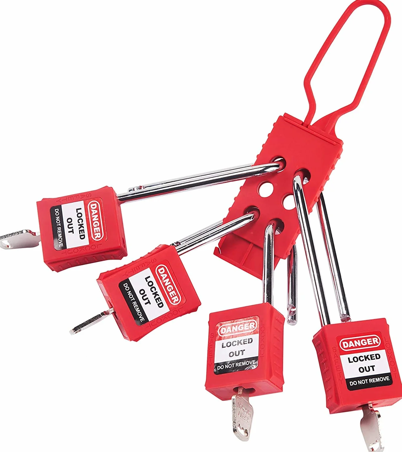 POFET 10Pcs Cerrojo de bloqueo y etiquetado, Cerrojo de acero revestido de vinilo (6 orificios) - Rojo