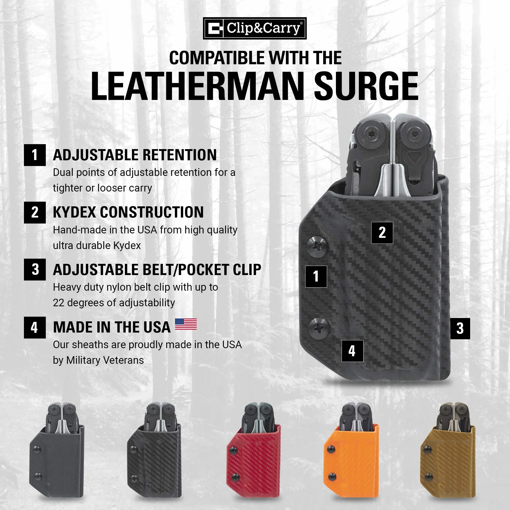 Clip & Carry Kydex - Funda Multiherramienta para LEATHERMAN Surge, Fabricada en Estados Unidos (Multiherramienta no incluida) EDC Multi Herramienta Funda para Soporte (Negro)