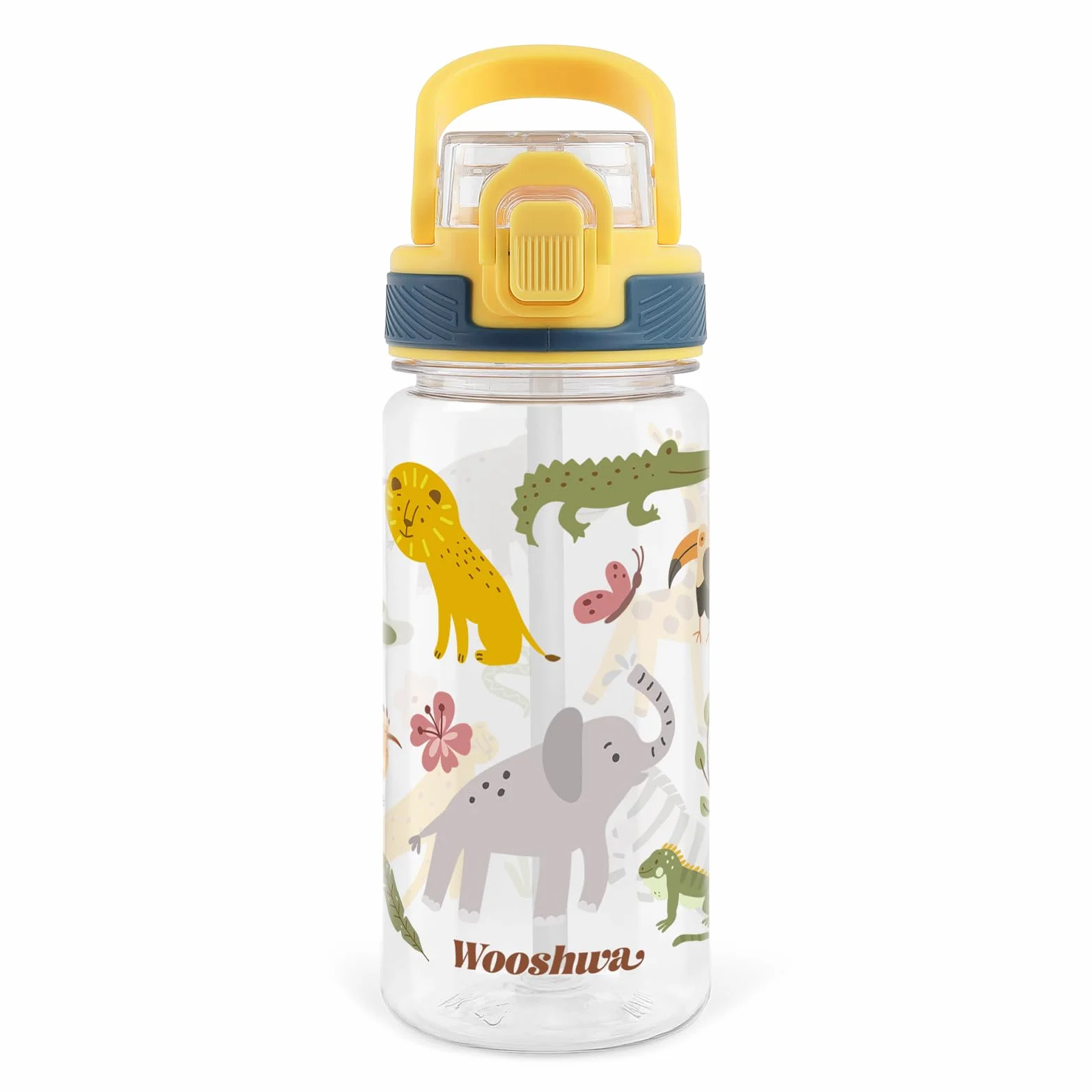 Botella de Agua Infantil 480ml con Pajitas, Sin BPA, Animales de la Selva Amarillo