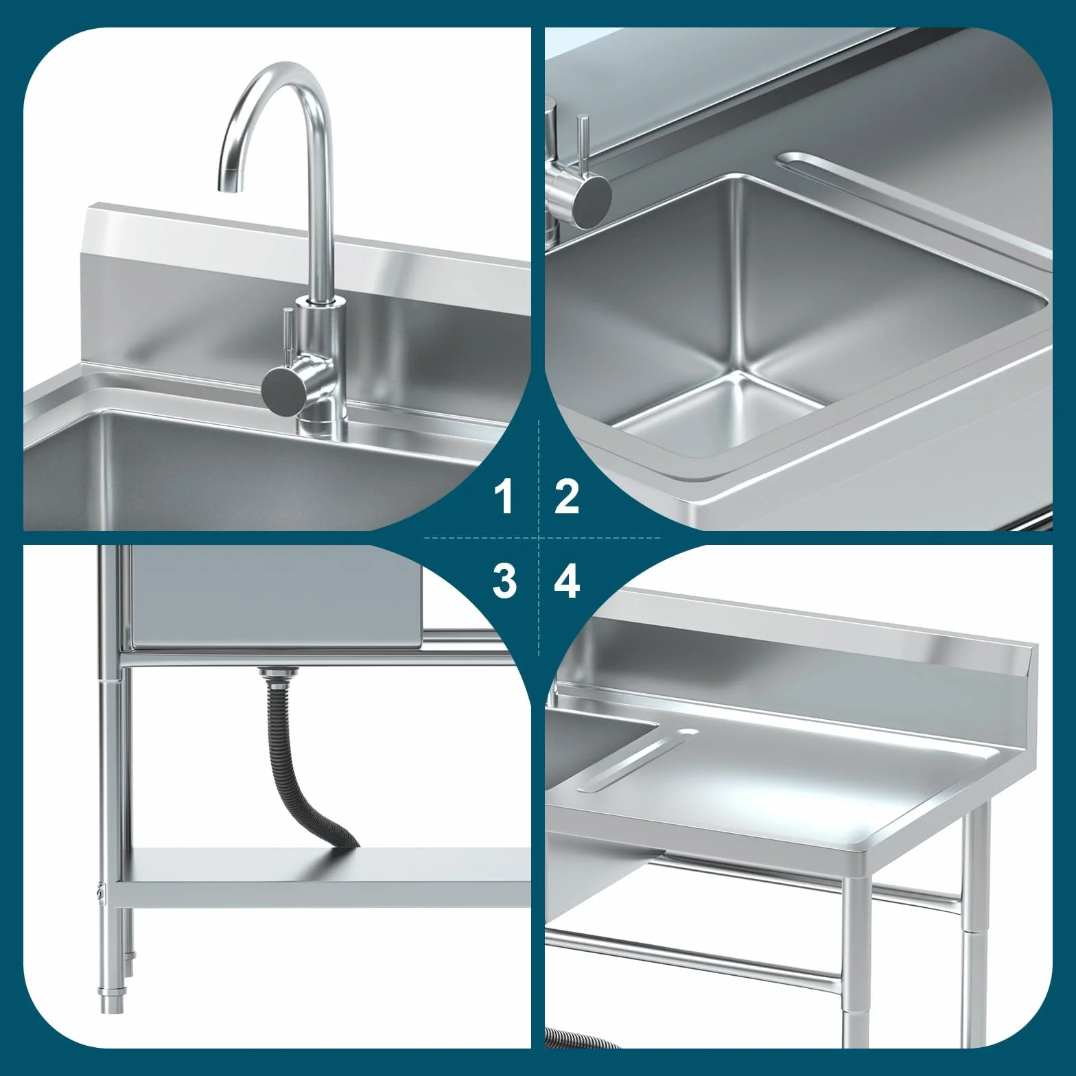 RiveraSink Fregadero Inox Independiente 100×55×80 cm con Encimera, Grifo Giratorio 360°, Cesta Filtro y Cubeta Grande – Altura Ajustable, Fácil de Limpiar – para Cocina, Hostelería y Jardín