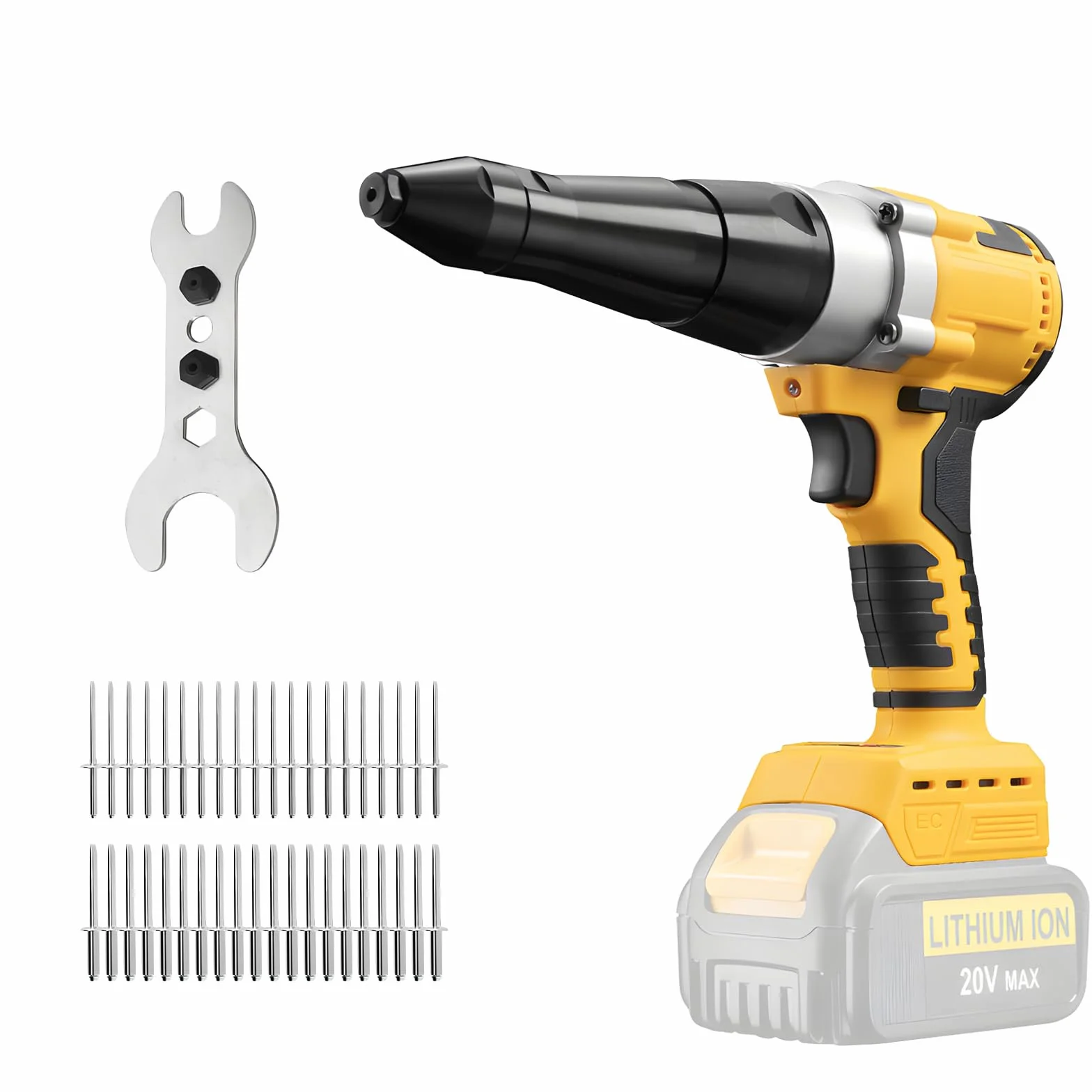 Pistola remachadora inalámbrica compatible con Dewalt batería 18V (sin batería), pistolas de tuerca de remache automáticas eléctricas con 40 remaches para remaches de 1/8 pulgadas, 5/32 pulgadas