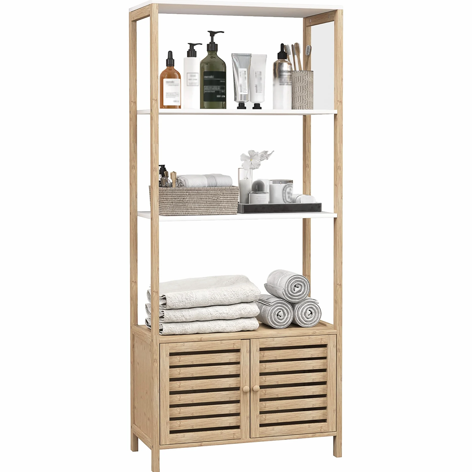 HOMCOM Estantería Baño Bambú 3 Estantes Abiertos Almacenaje Puertas Lamas 63x30x138 cm Natural Blanco