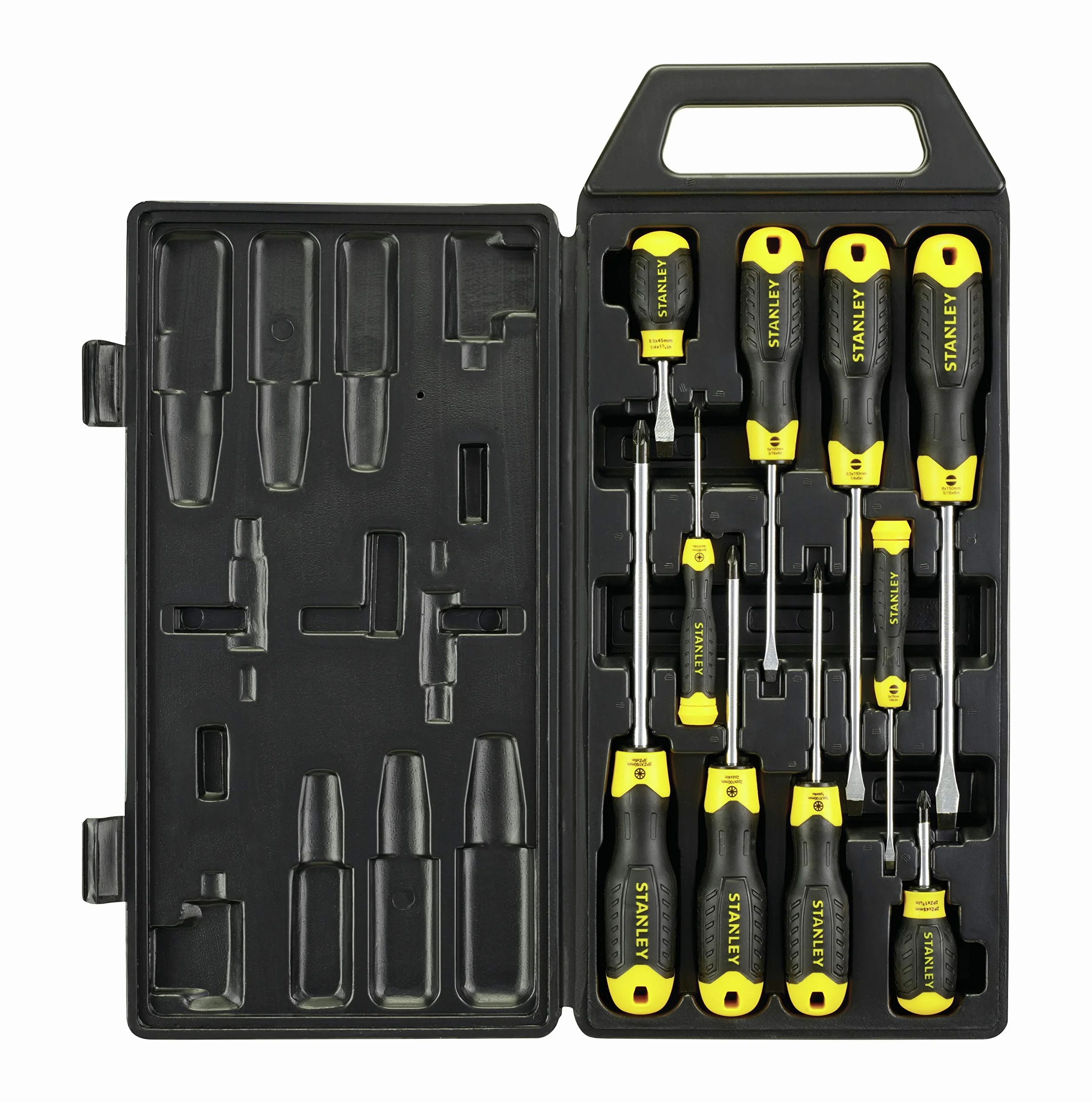 STANLEY Juego de Destornilladores, 10 Piezas, Punta Plana y Pozidriv, Mango Ergonómico, Estuche de Plástico Resistente, Amarillo y Negro, 2-65-014