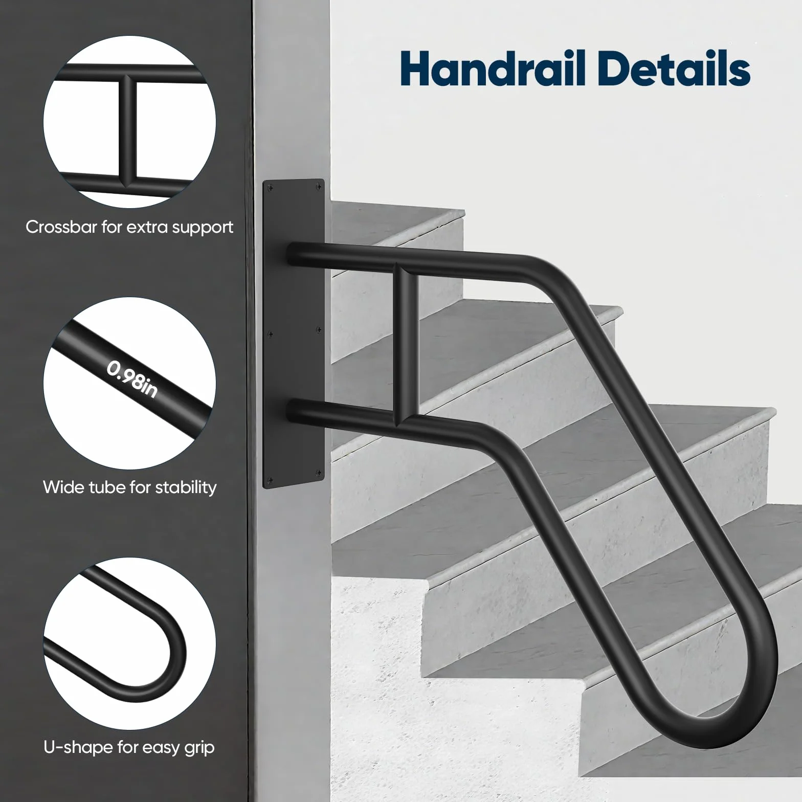 Barandilla Exterior para Escaleras, Barra de Seguridad Metálica en Forma de U, Tubo de Acero 25mm con Construcción Reforzada, Acabado Negro Mate, Pasamanos para Niños, Ancianos, Mujeres Embarazadas, D