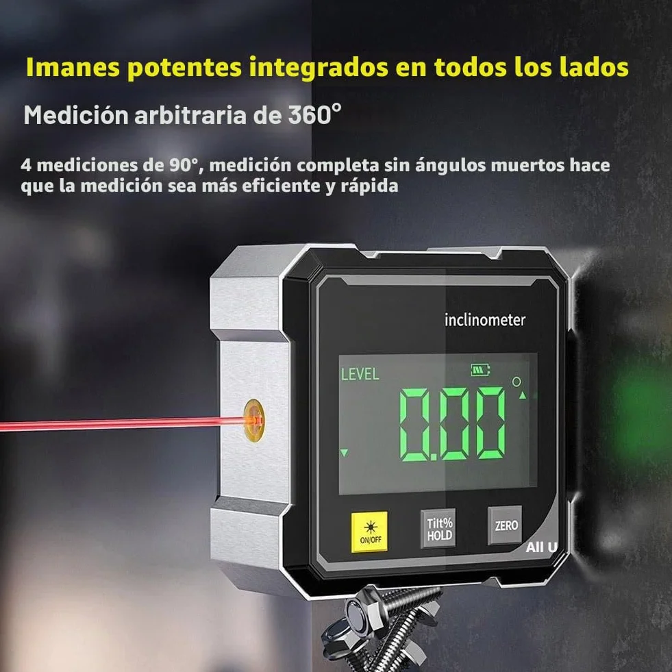 Medidor de ángulo digital magnético de 4 lados, herramienta transportadora de buscador de ángulos digital, herramienta de medición de alta precisión de 4 x 90° con pantalla grande, inclinómetro de