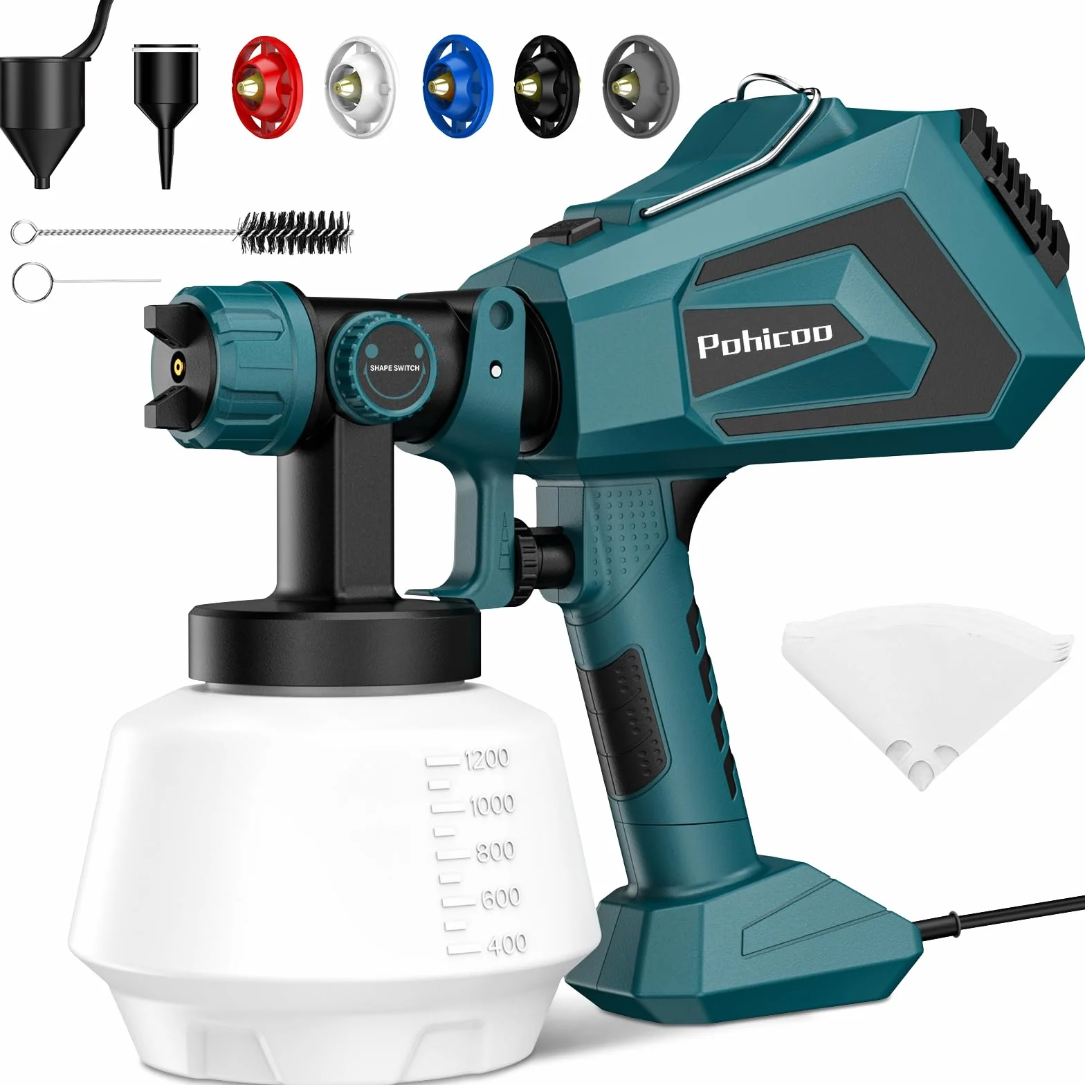 Pistola Pintura Electrica, Pistola para Pintar Paredes y Techos, 700W 1200ML HVLP Pistola Pintar Electrica, Pulverizador de Pintura con 5 Boquillas y 3 Patrones (Verde)