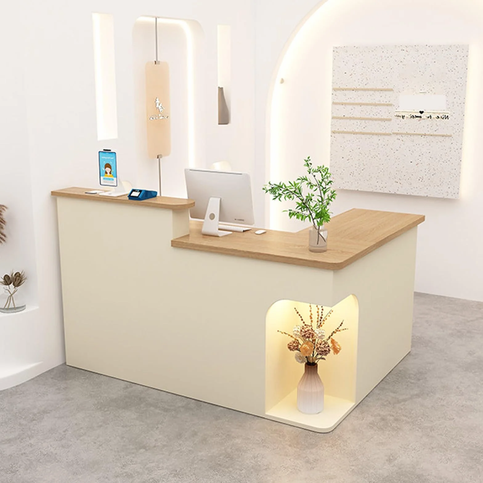 Mostrador de Recepción con Cajones y Estantes Abiertos, Madera y Blanco, 180cm