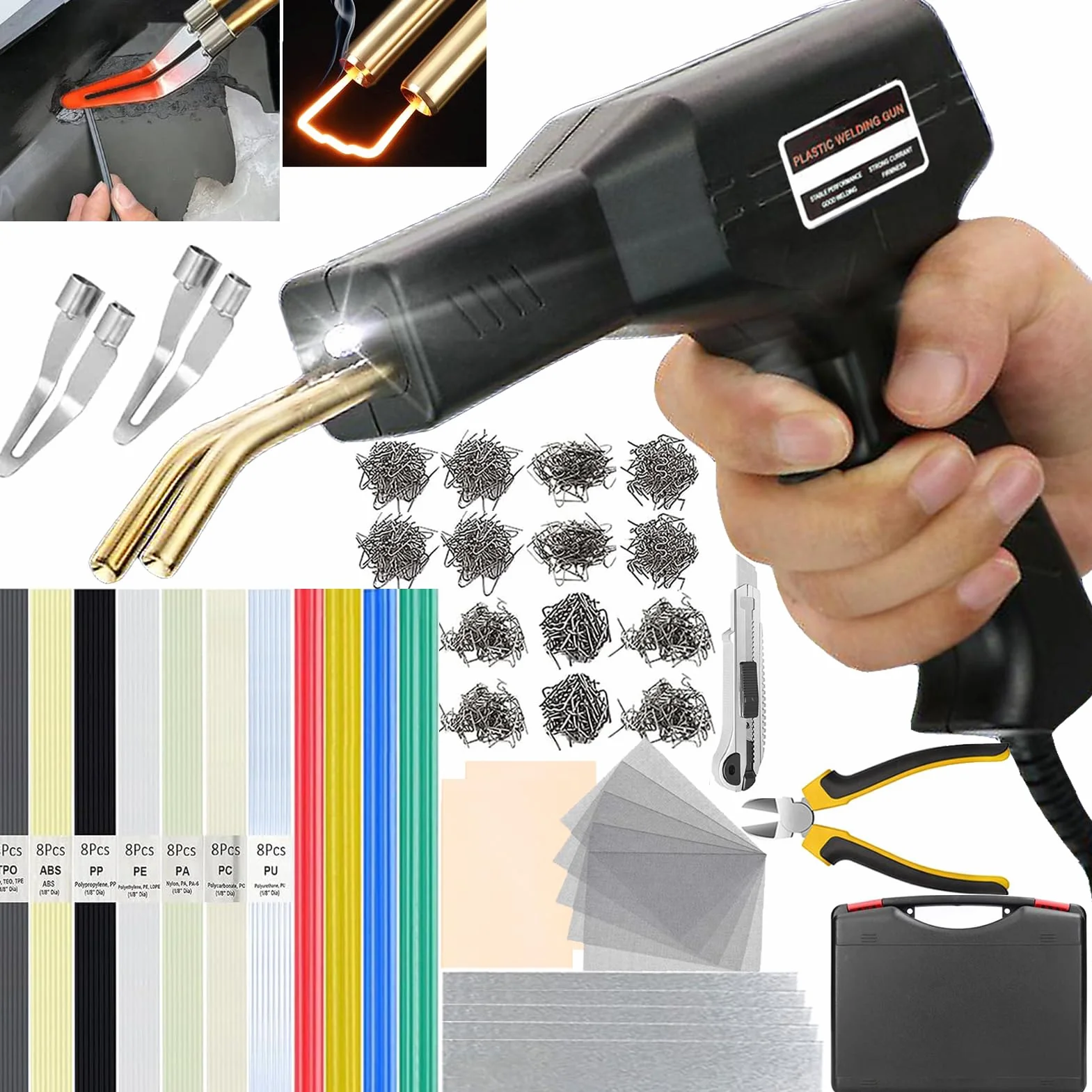 220W Soldador de Plástico, 2 en 1 Plástico Soldadura Reparando Kit con 2pcs Herramientas de Suavización, 800pcs Grapas & 64pcs Varillas Soldadura para Reparación Parachoques, Piezas de Plástico